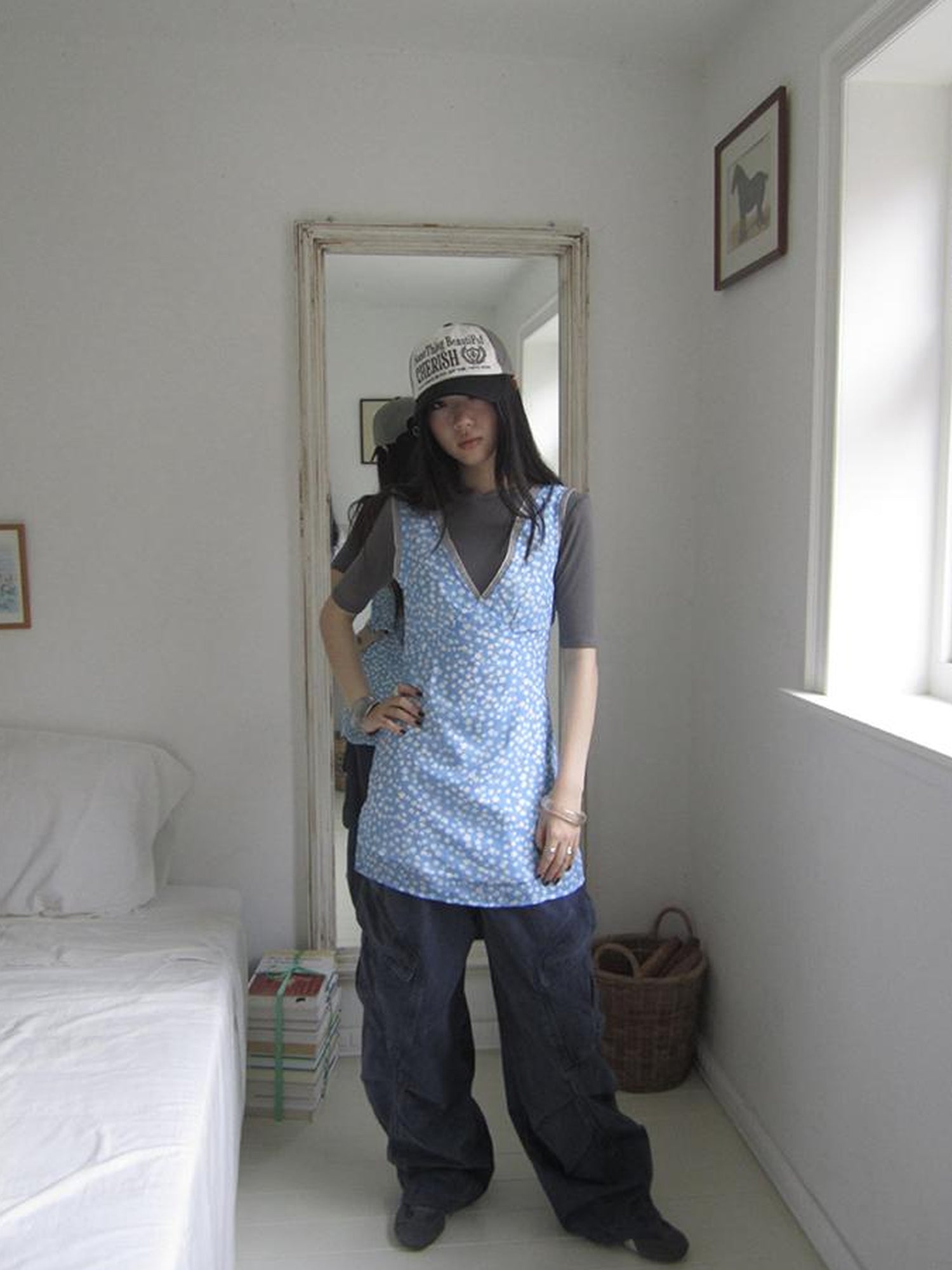 ang project Vintage Blue Floral V Neck Sundress