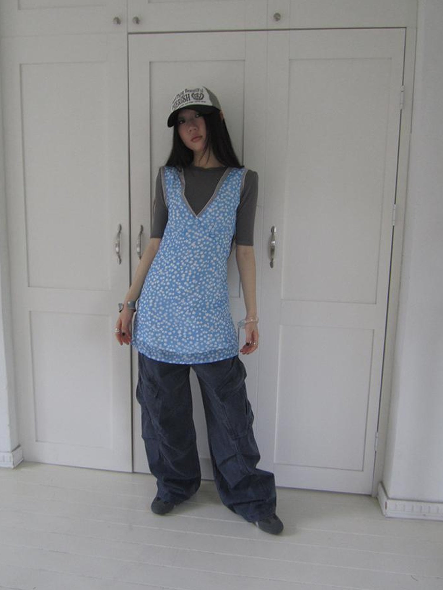 ang project Vintage Blue Floral V Neck Sundress