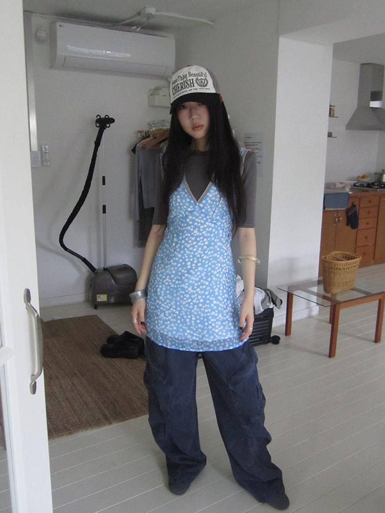 ang project Vintage Blue Floral V Neck Sundress