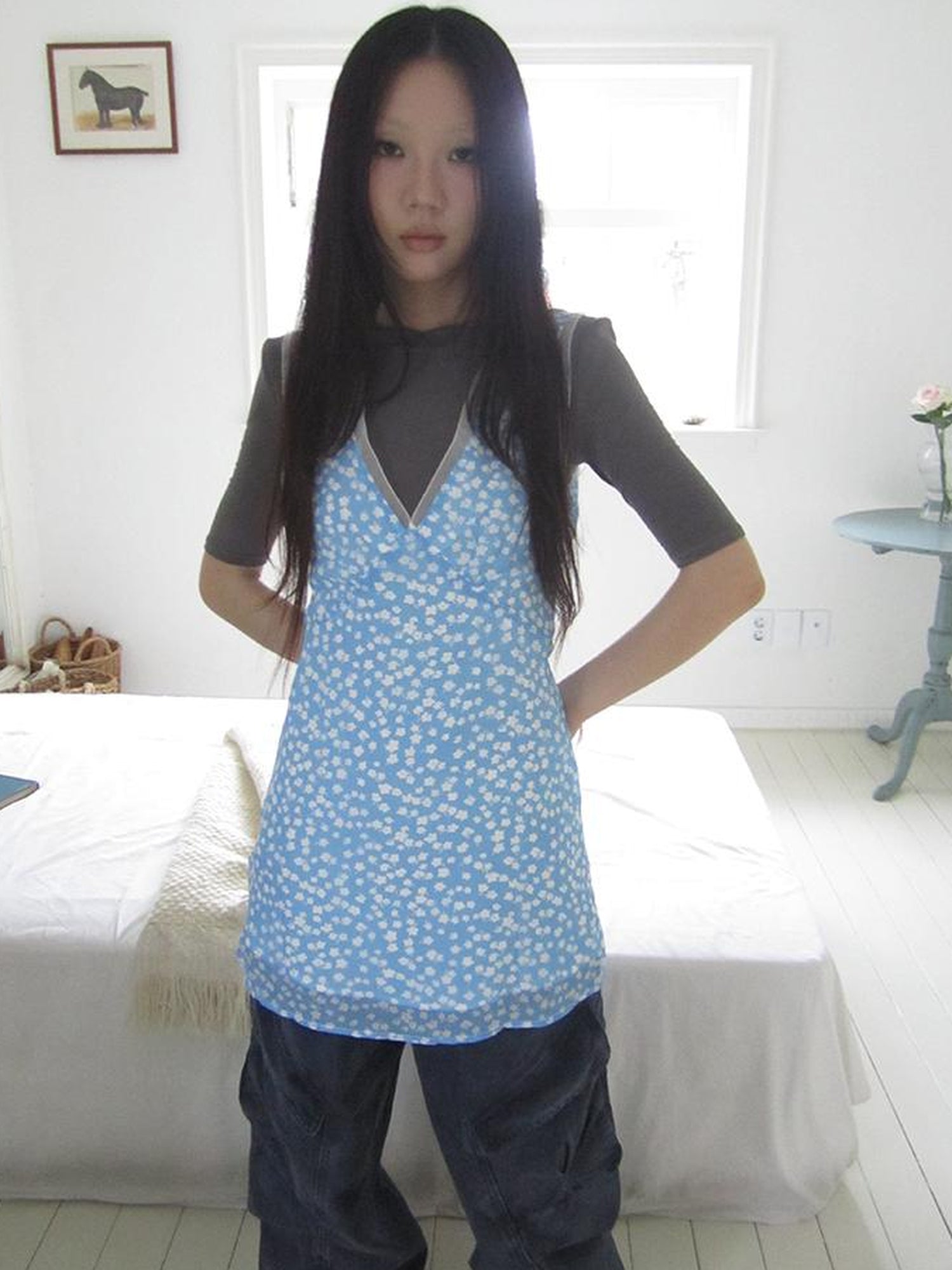 ang project Vintage Blue Floral V Neck Sundress