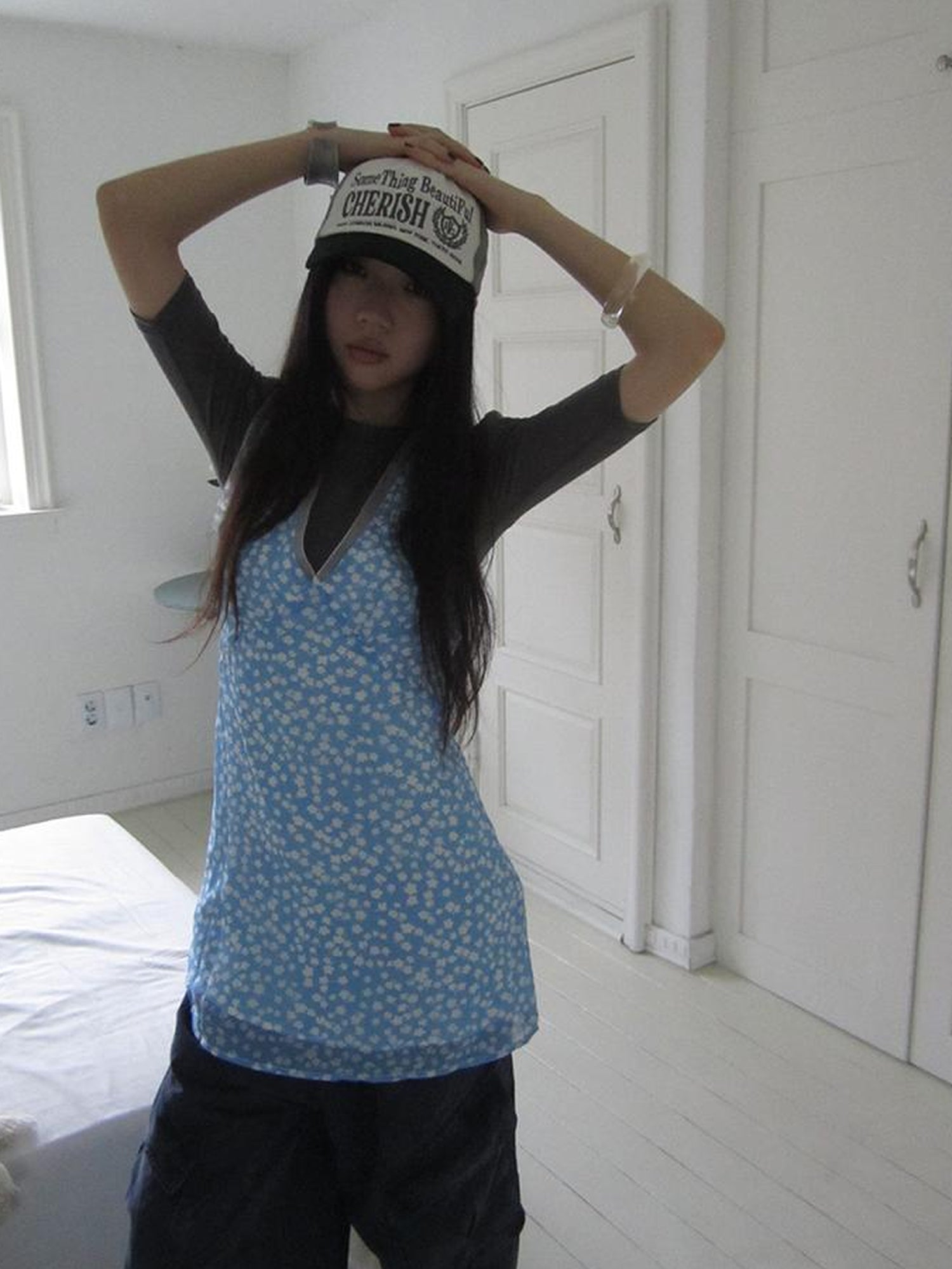 ang project Vintage Blue Floral V Neck Sundress