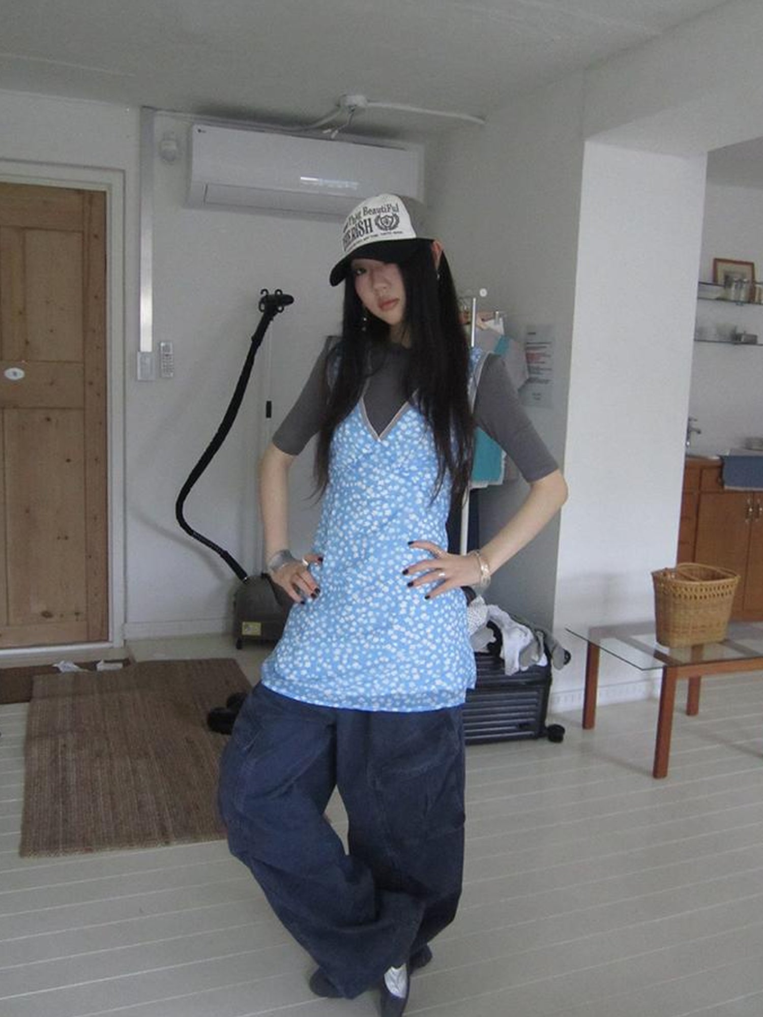 ang project Vintage Blue Floral V Neck Sundress