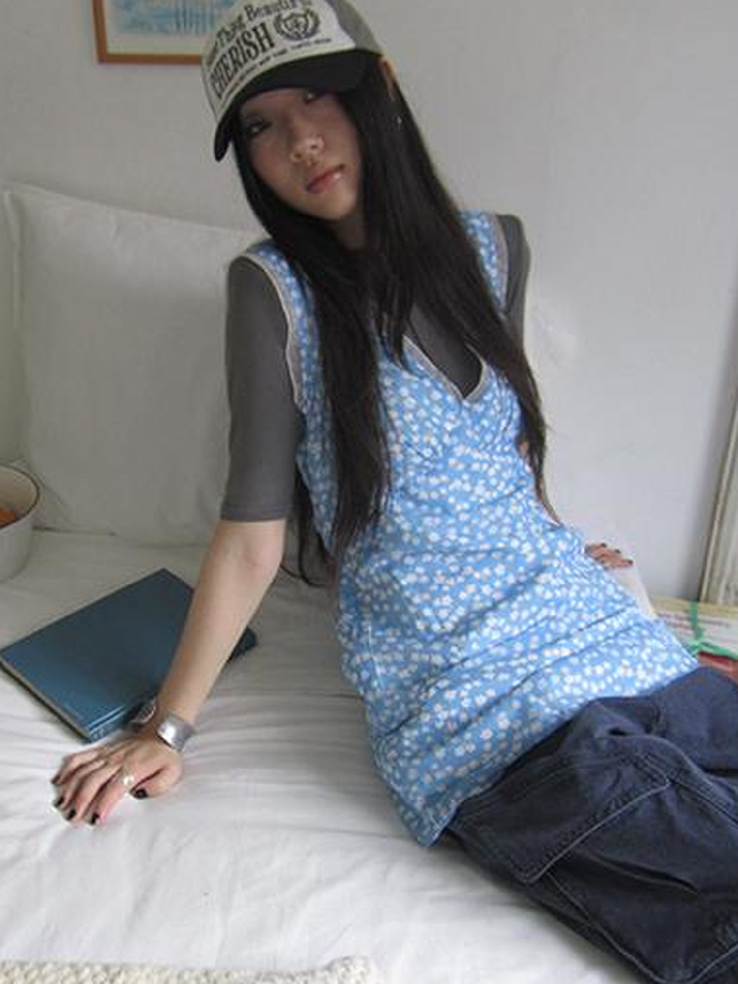 ang project Vintage Blue Floral V Neck Sundress