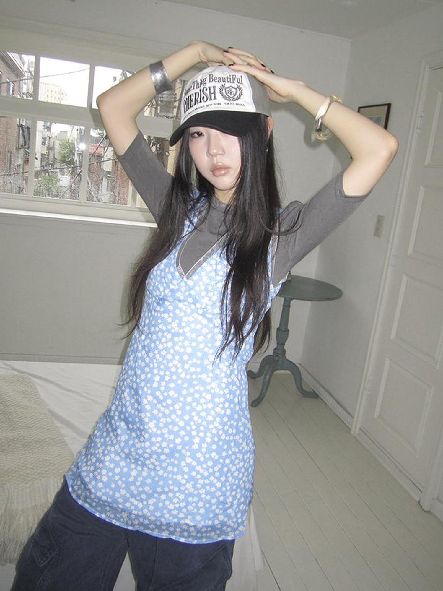 ang project Vintage Blue Floral V Neck Sundress