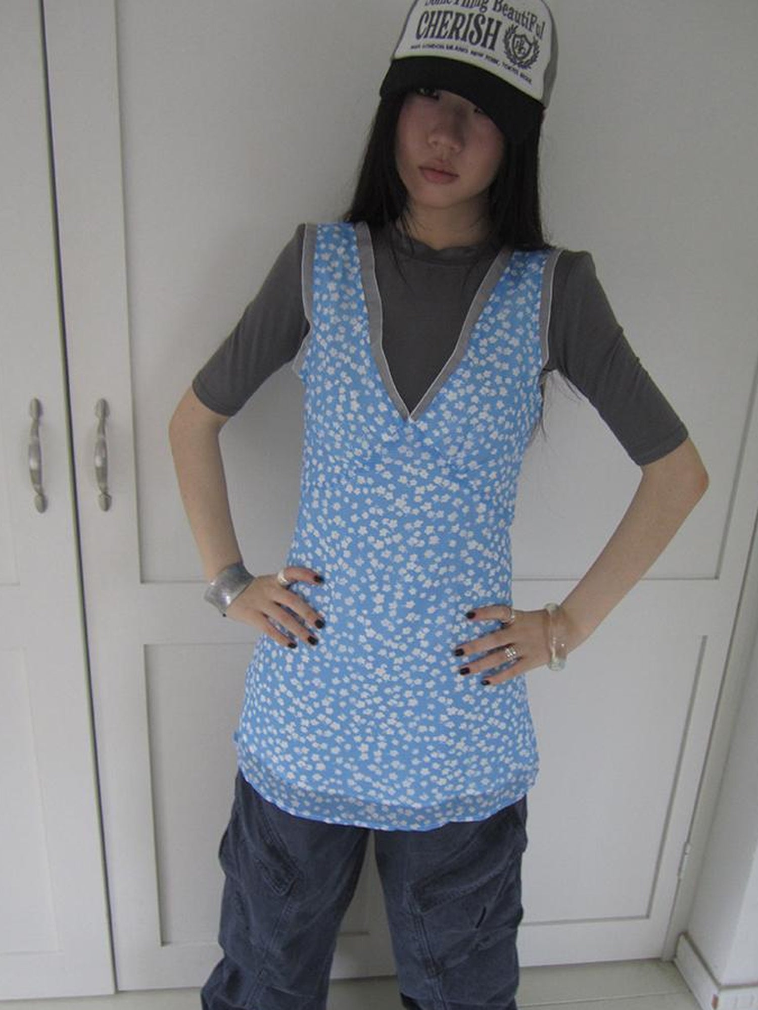 ang project Vintage Blue Floral V Neck Sundress