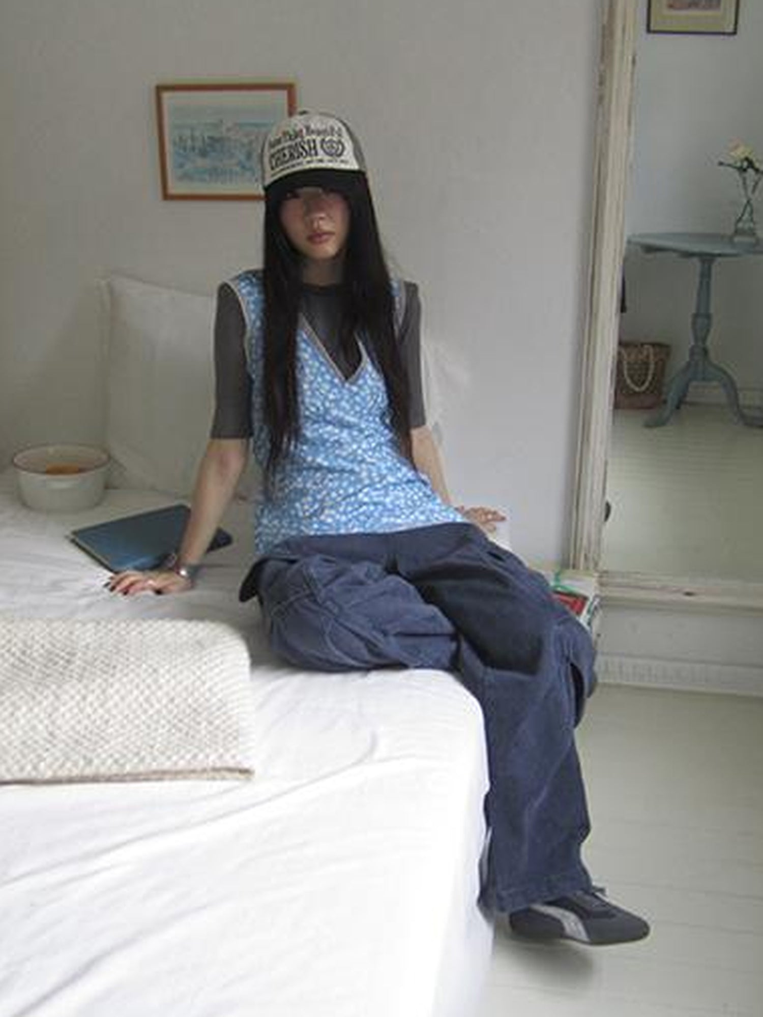 ang project Vintage Blue Floral V Neck Sundress