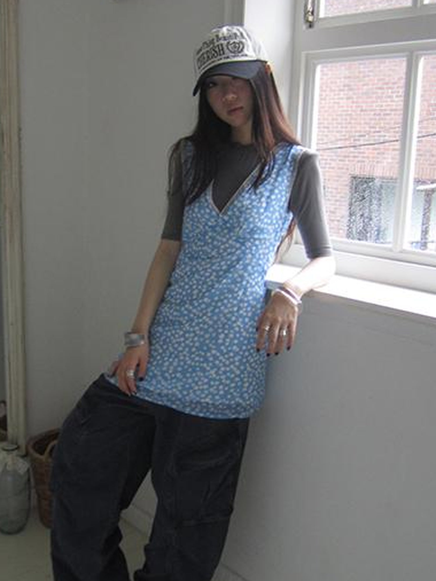 ang project Vintage Blue Floral V Neck Sundress