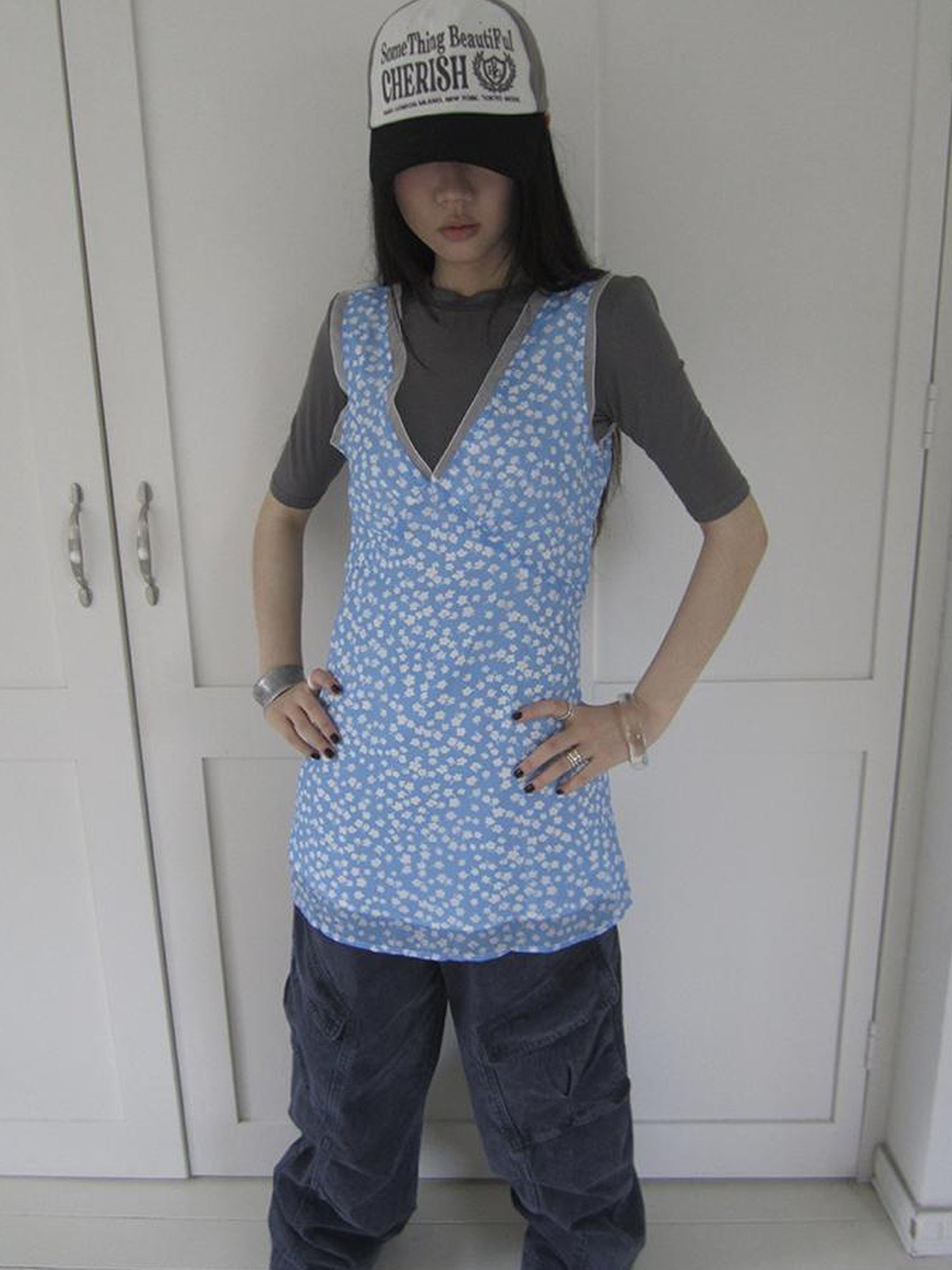 ang project Vintage Blue Floral V Neck Sundress