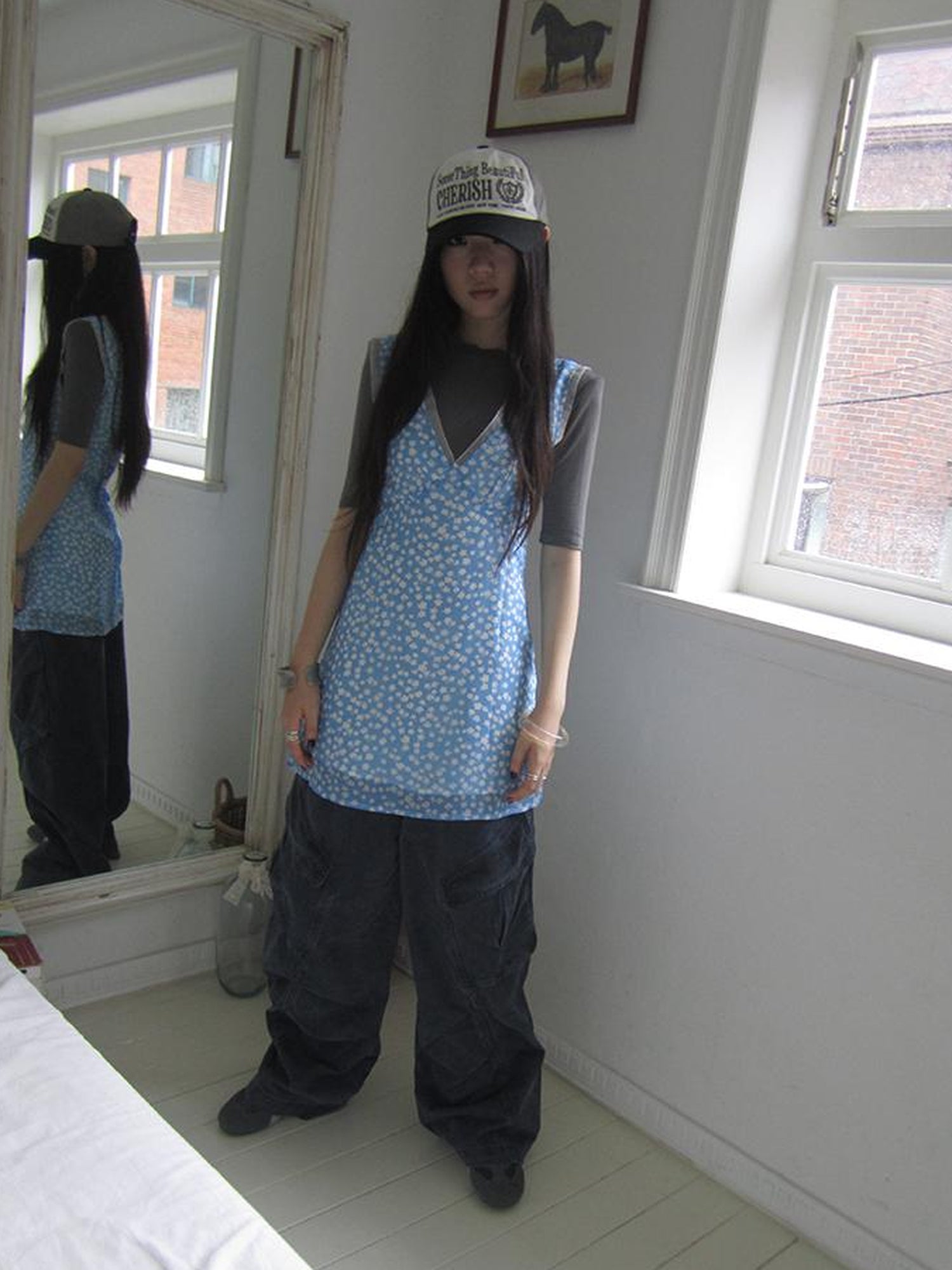 ang project Vintage Blue Floral V Neck Sundress