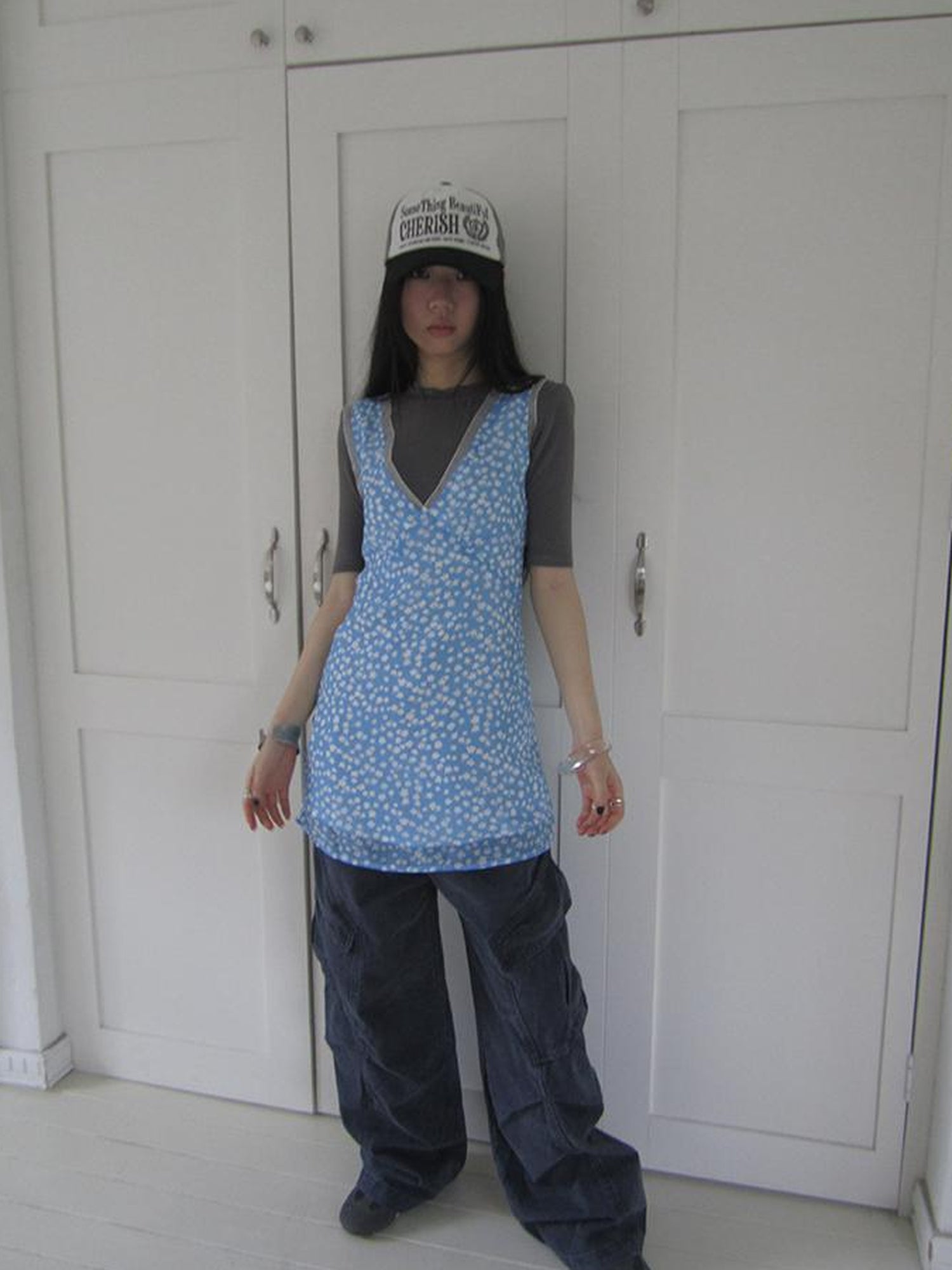 ang project Vintage Blue Floral V Neck Sundress