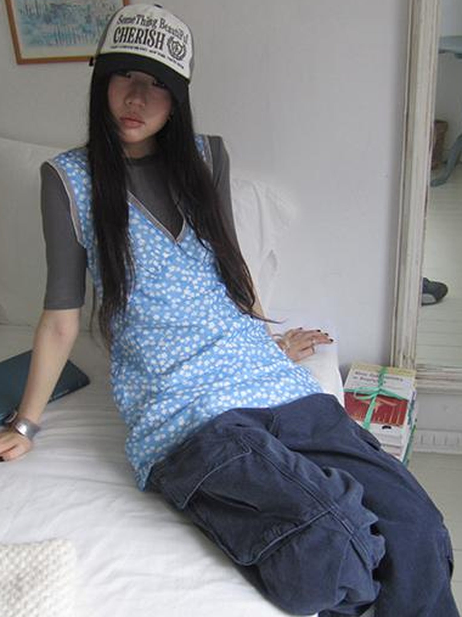 ang project Vintage Blue Floral V Neck Sundress