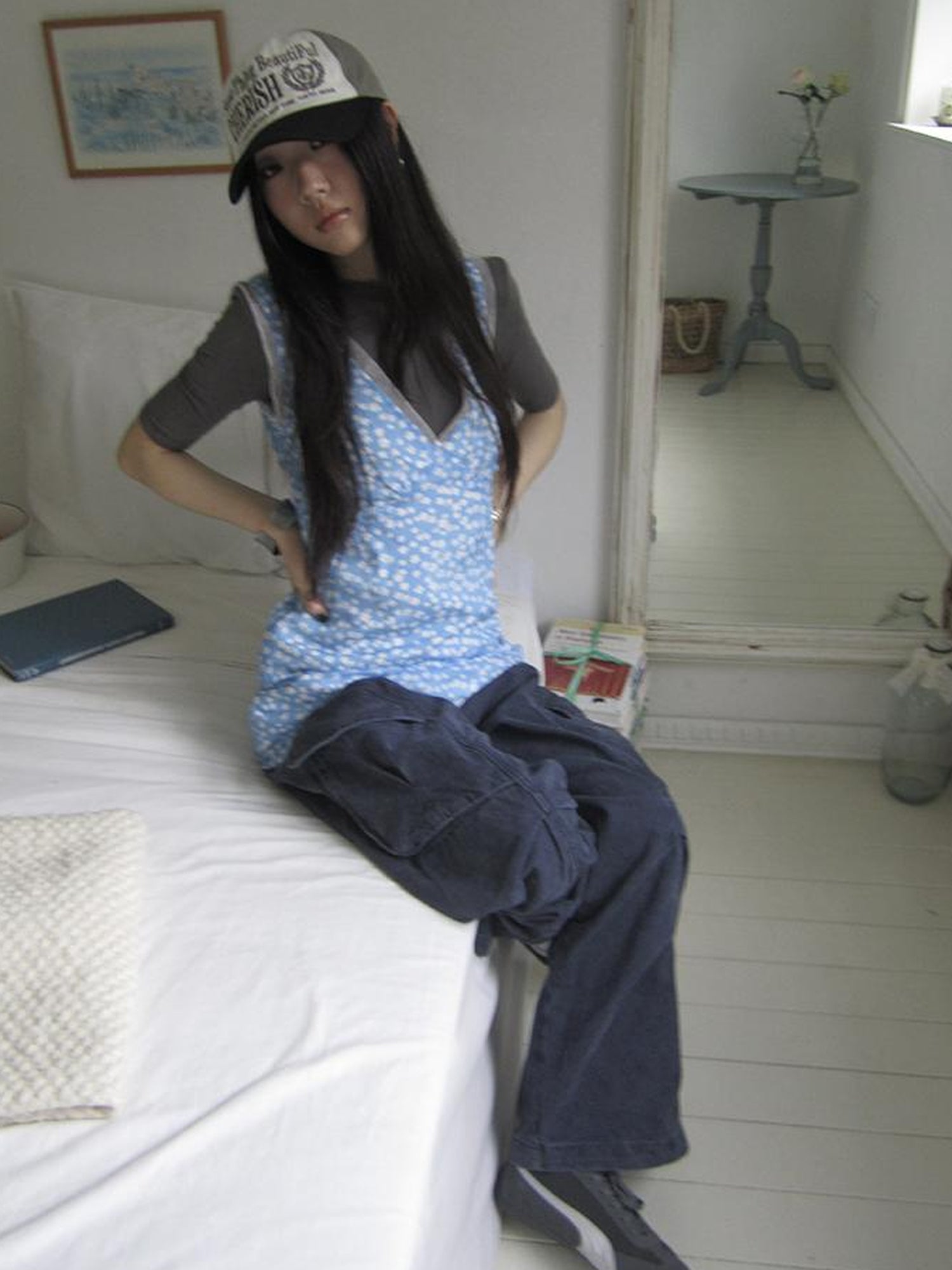 ang project Vintage Blue Floral V Neck Sundress