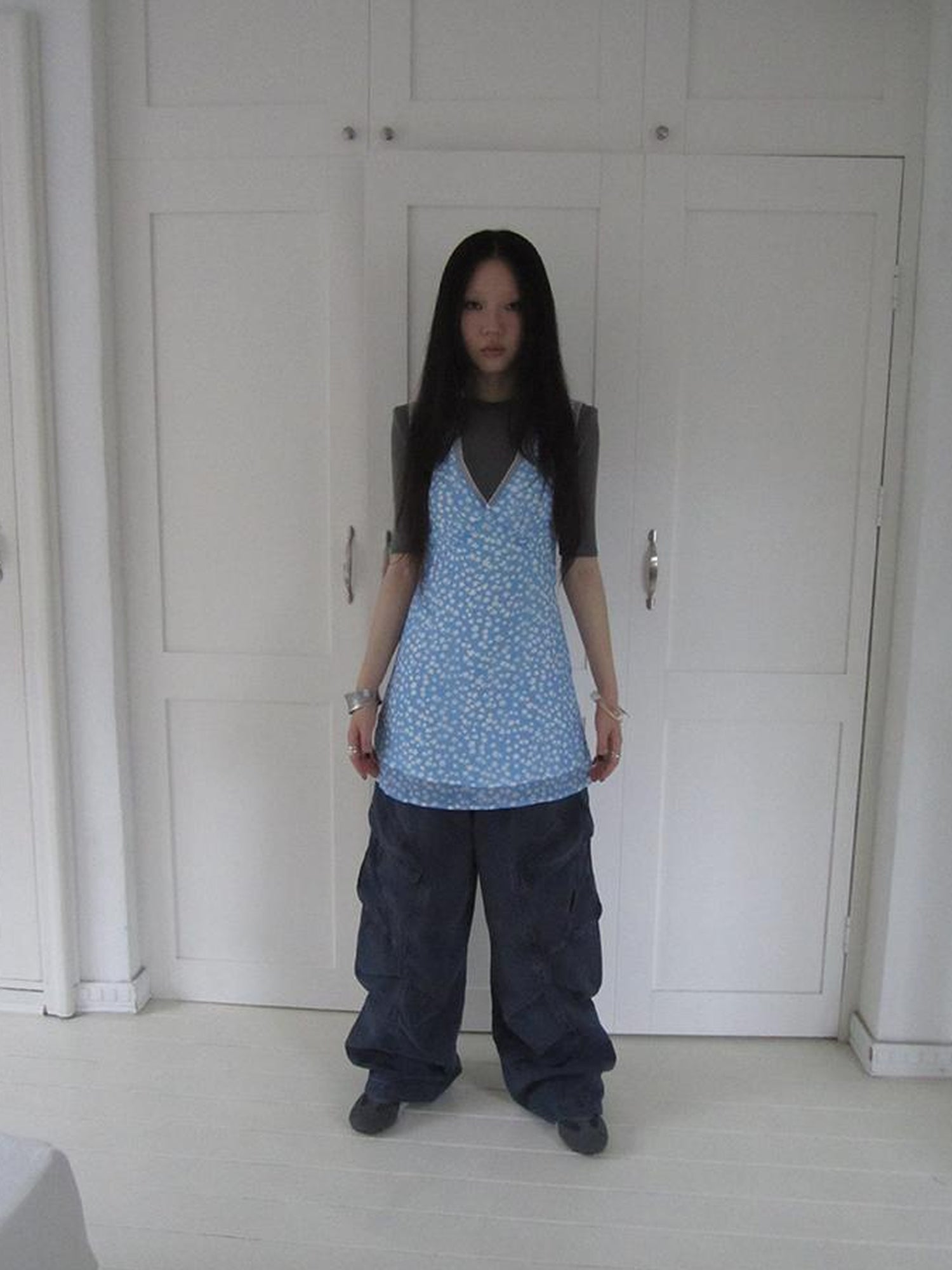 ang project Vintage Blue Floral V Neck Sundress