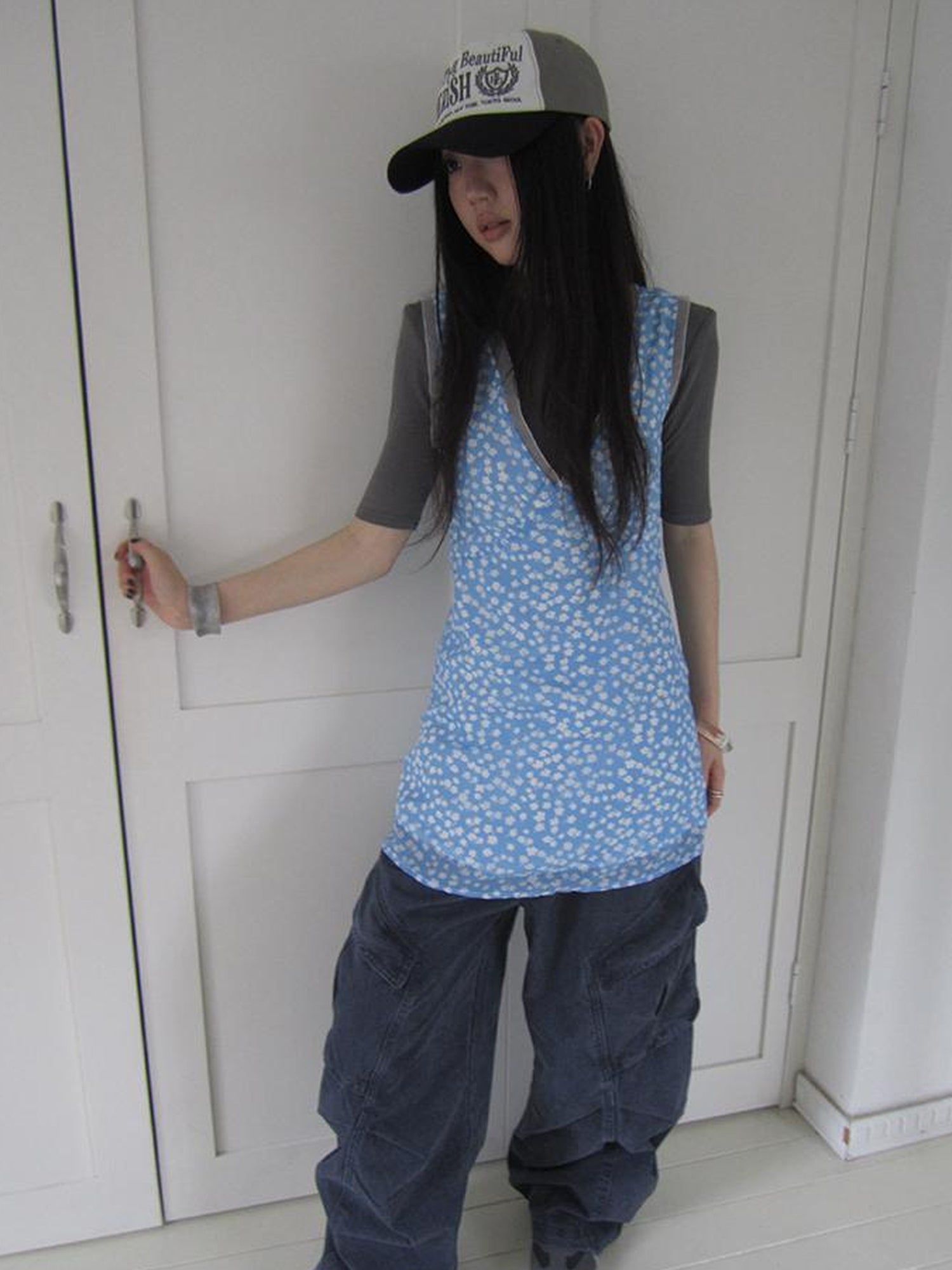 ang project Vintage Blue Floral V Neck Sundress