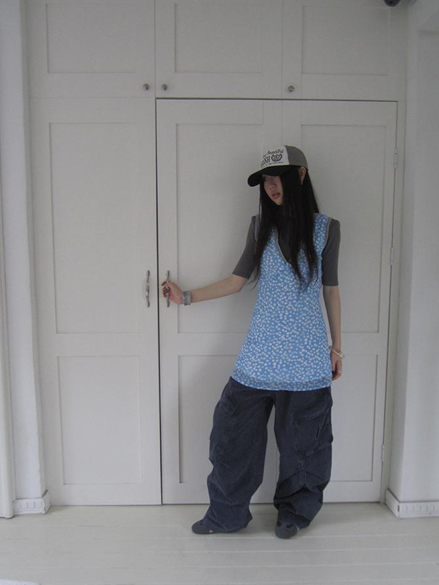 ang project Vintage Blue Floral V Neck Sundress