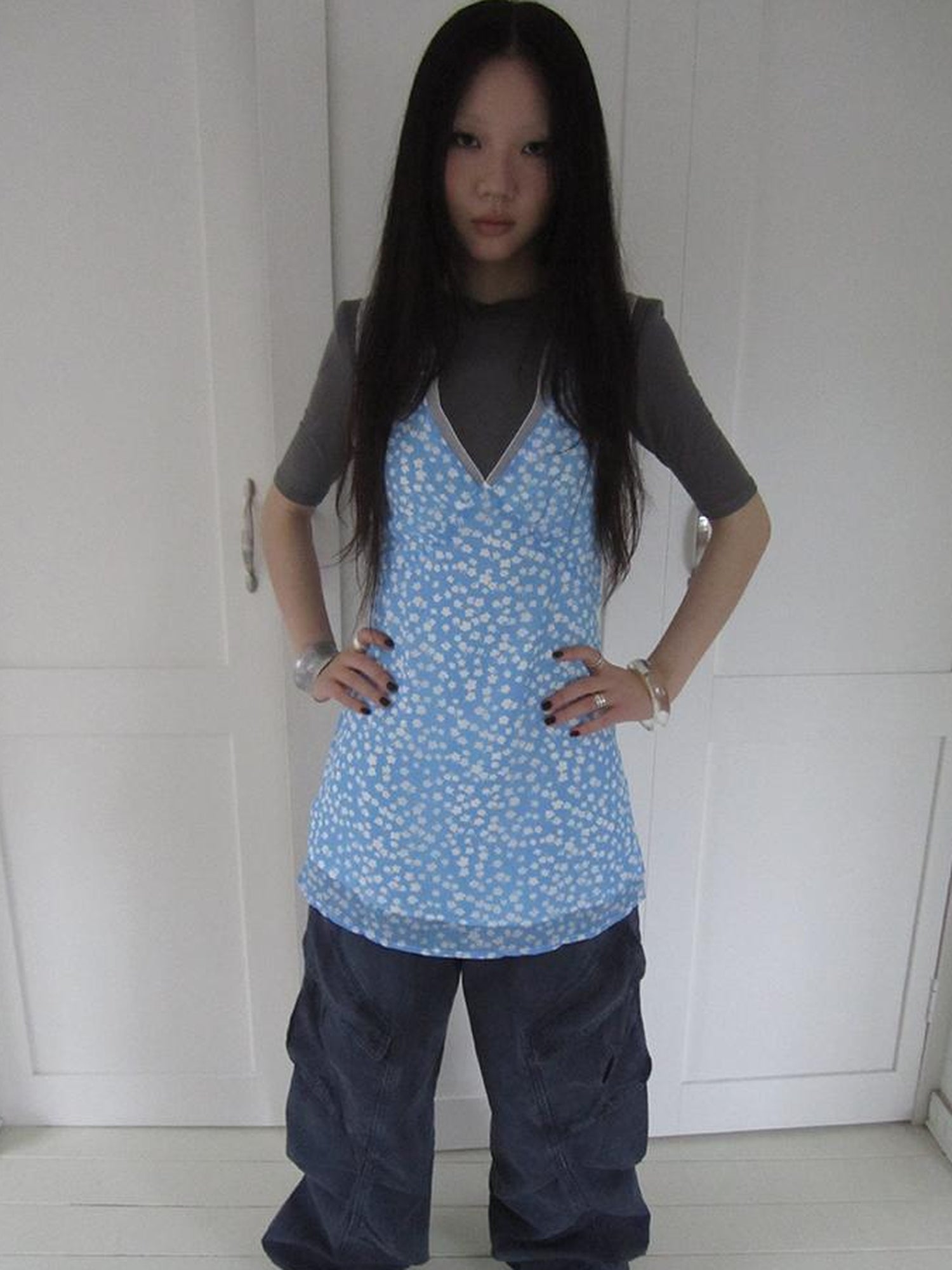 ang project Vintage Blue Floral V Neck Sundress