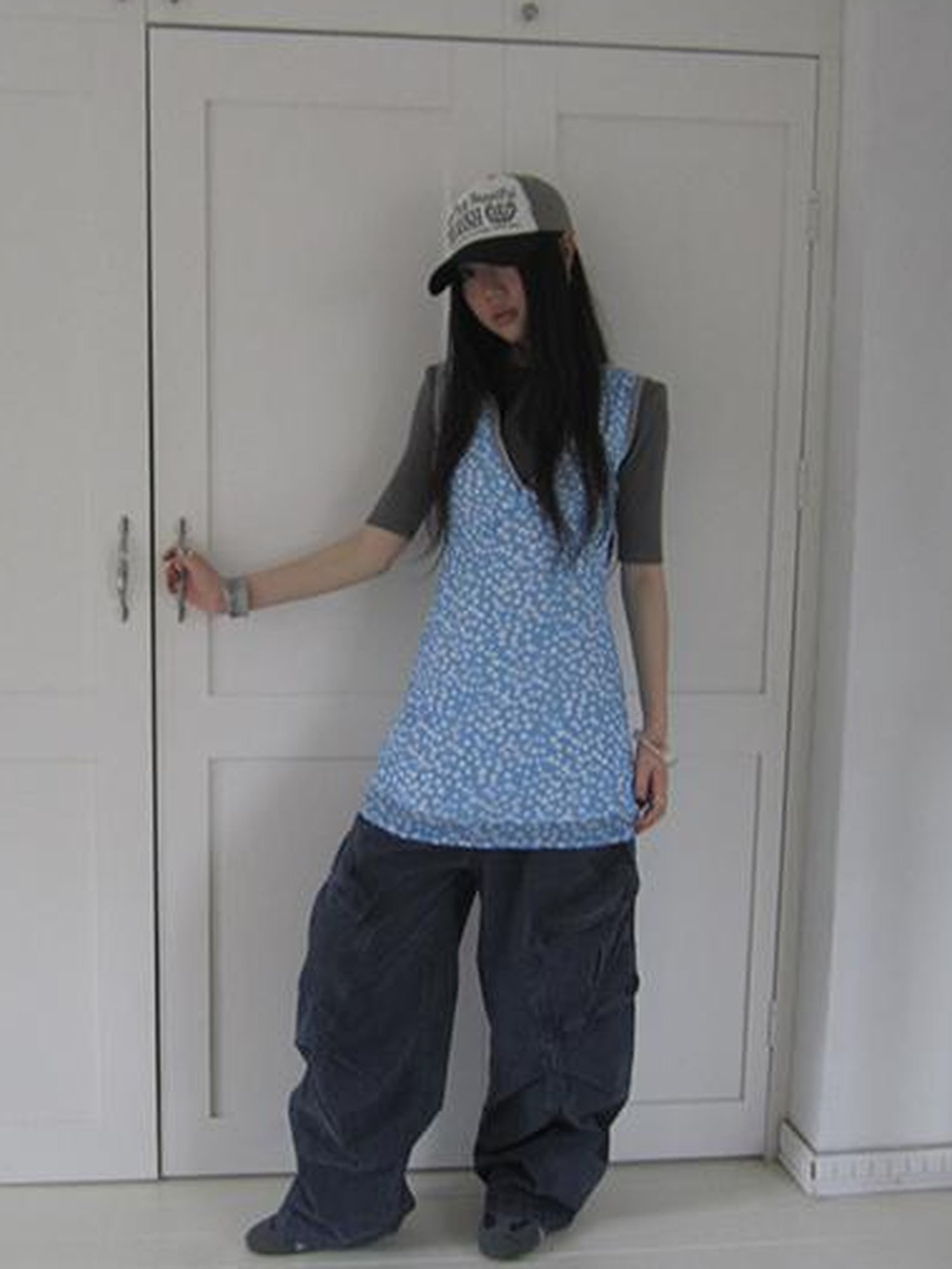 ang project Vintage Blue Floral V Neck Sundress