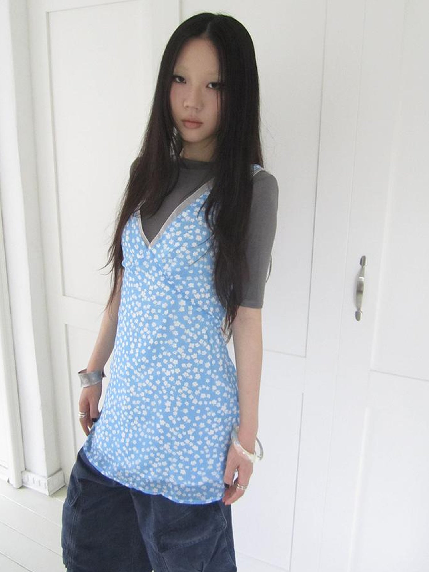 ang project Vintage Blue Floral V Neck Sundress