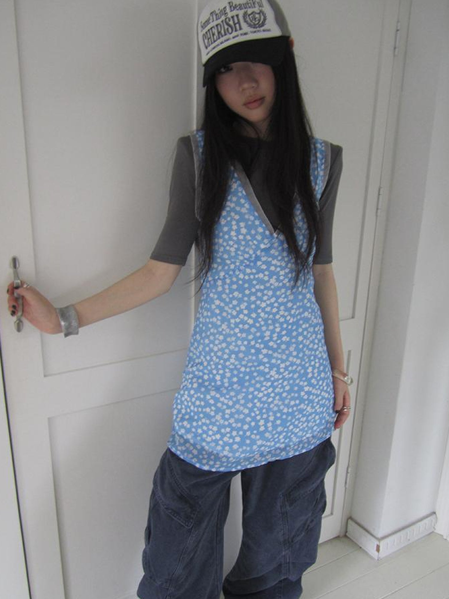 ang project Vintage Blue Floral V Neck Sundress