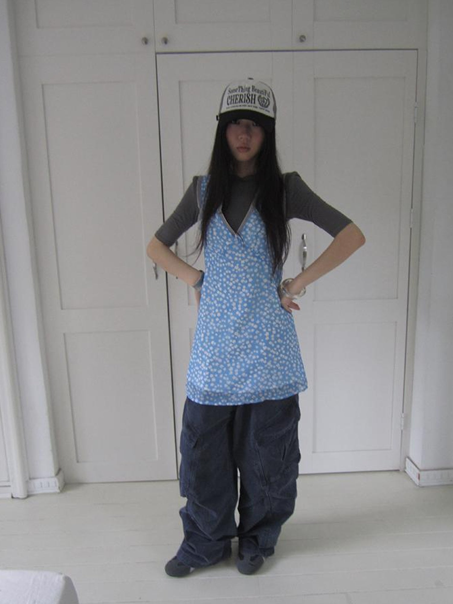 ang project Vintage Blue Floral V Neck Sundress