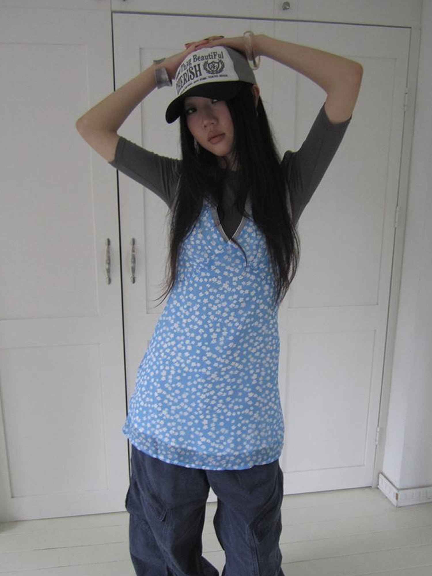 ang project Vintage Blue Floral V Neck Sundress