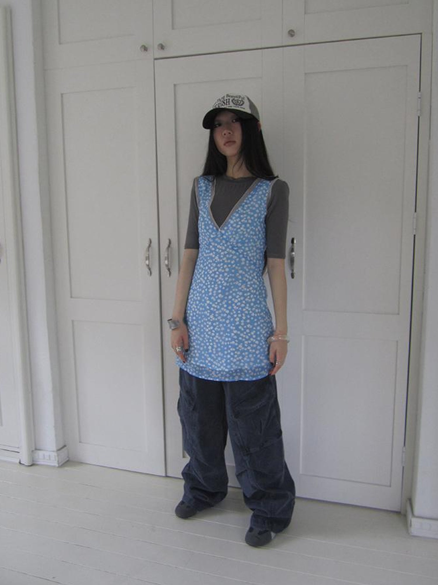 ang project Vintage Blue Floral V Neck Sundress