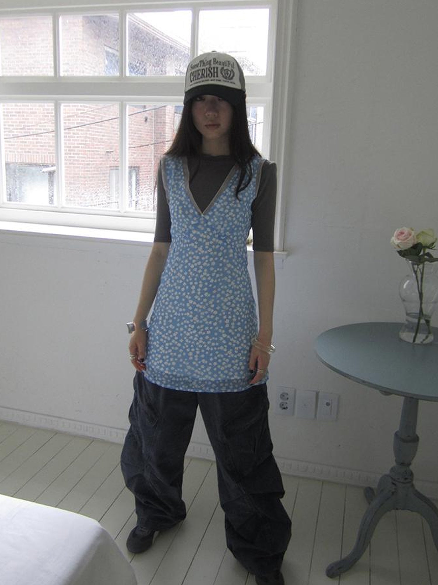 ang project Vintage Blue Floral V Neck Sundress