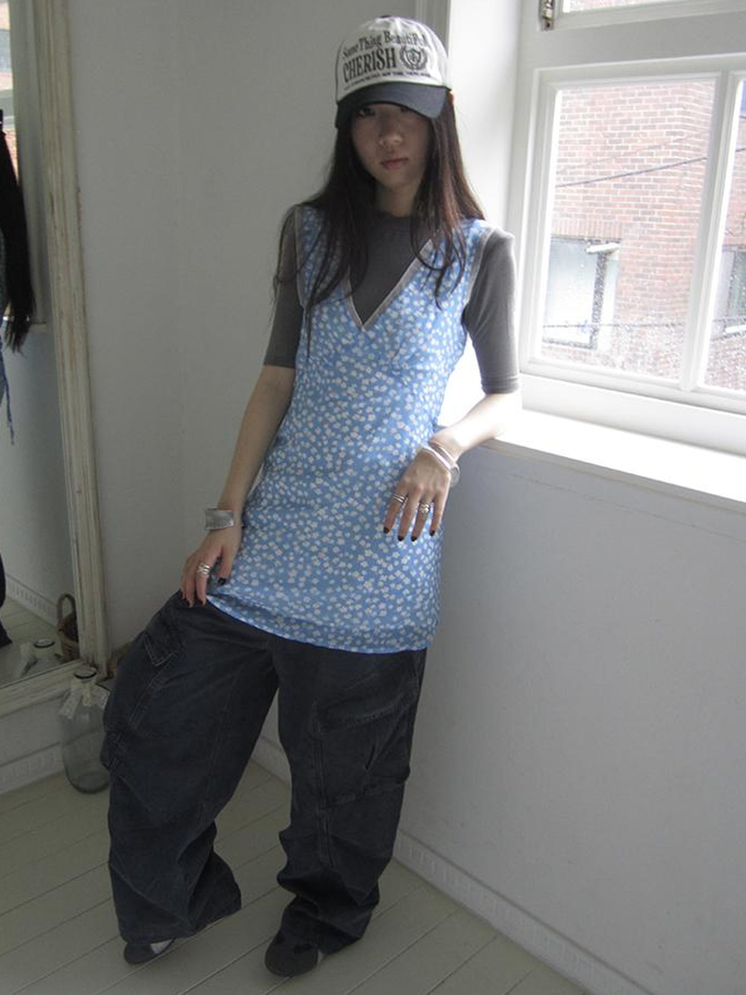 ang project Vintage Blue Floral V Neck Sundress