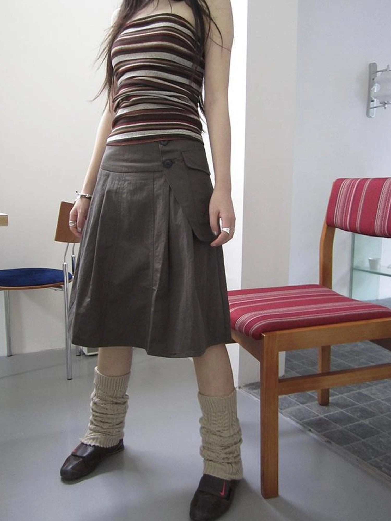 Vintage Button Detail Pleated A Line Skirt