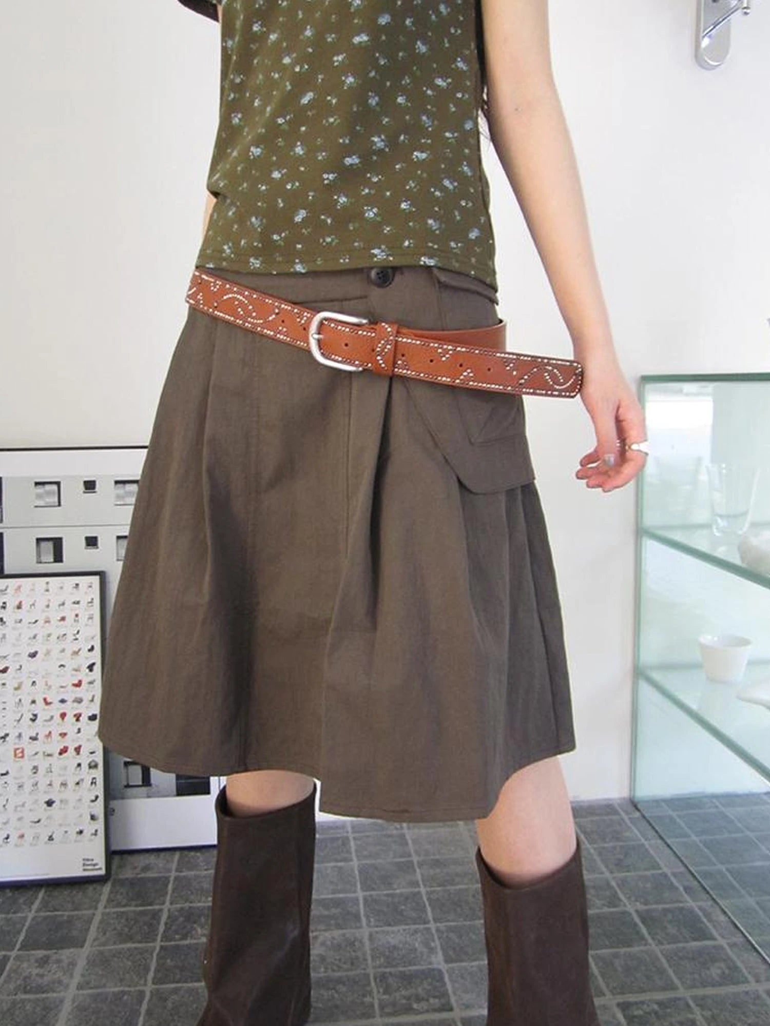 Vintage Button Detail Pleated A Line Skirt