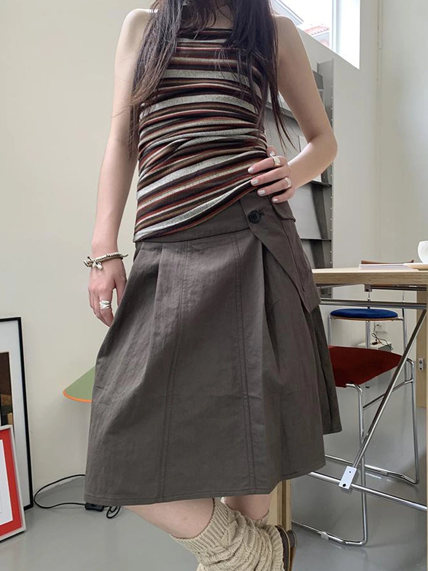 Vintage Button Detail Pleated A Line Skirt