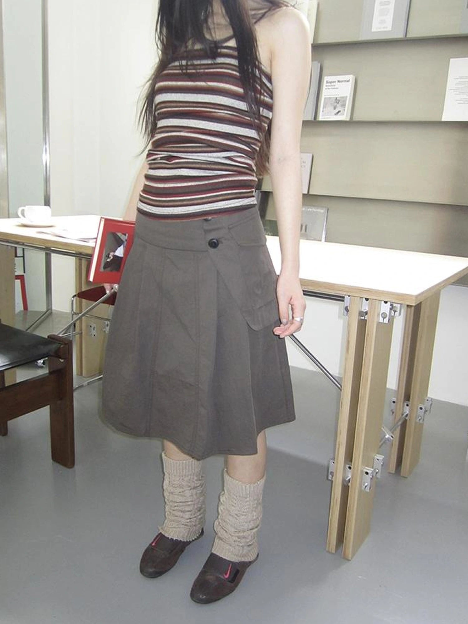 Vintage Button Detail Pleated A Line Skirt