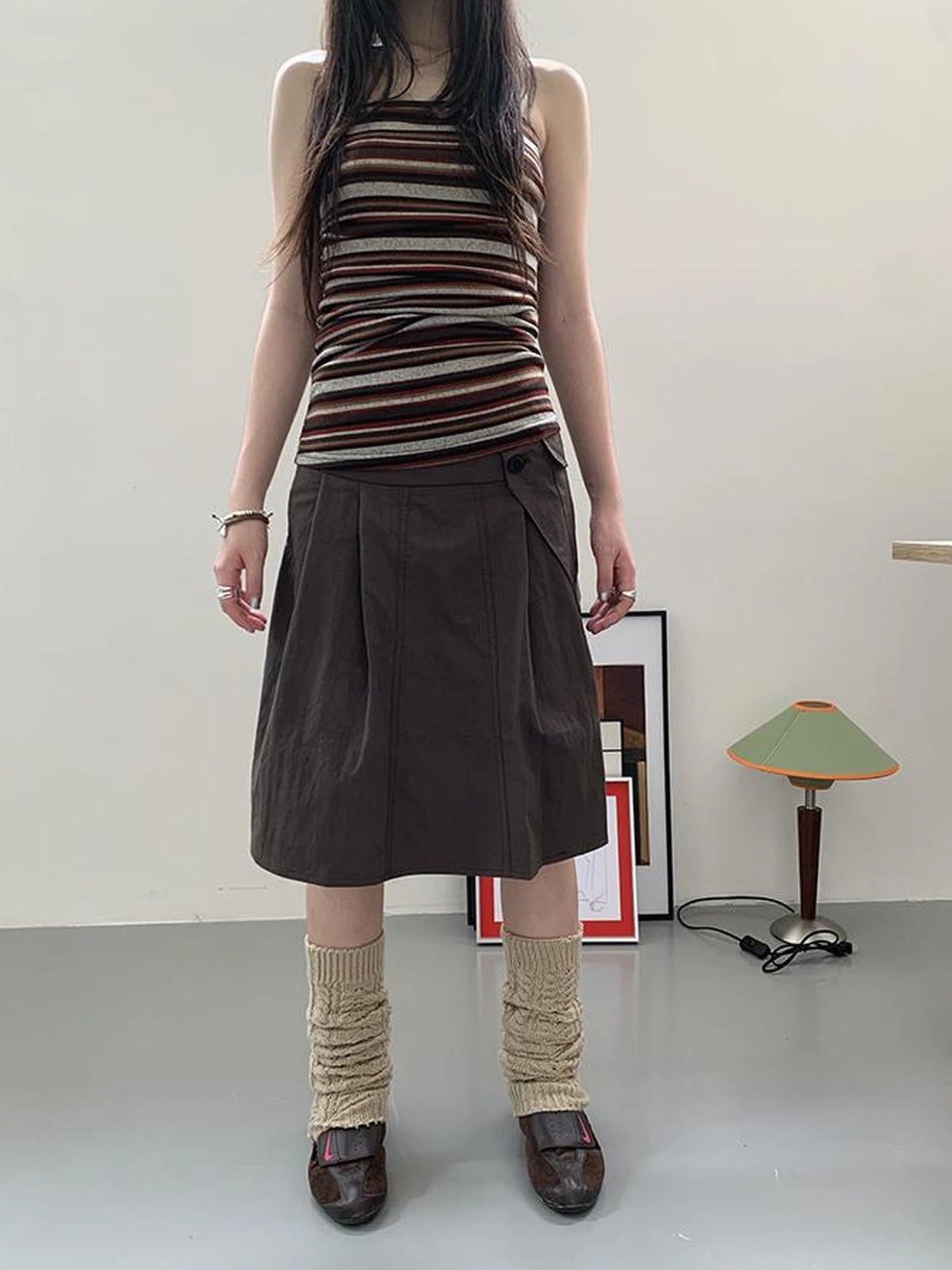 Vintage Button Detail Pleated A Line Skirt