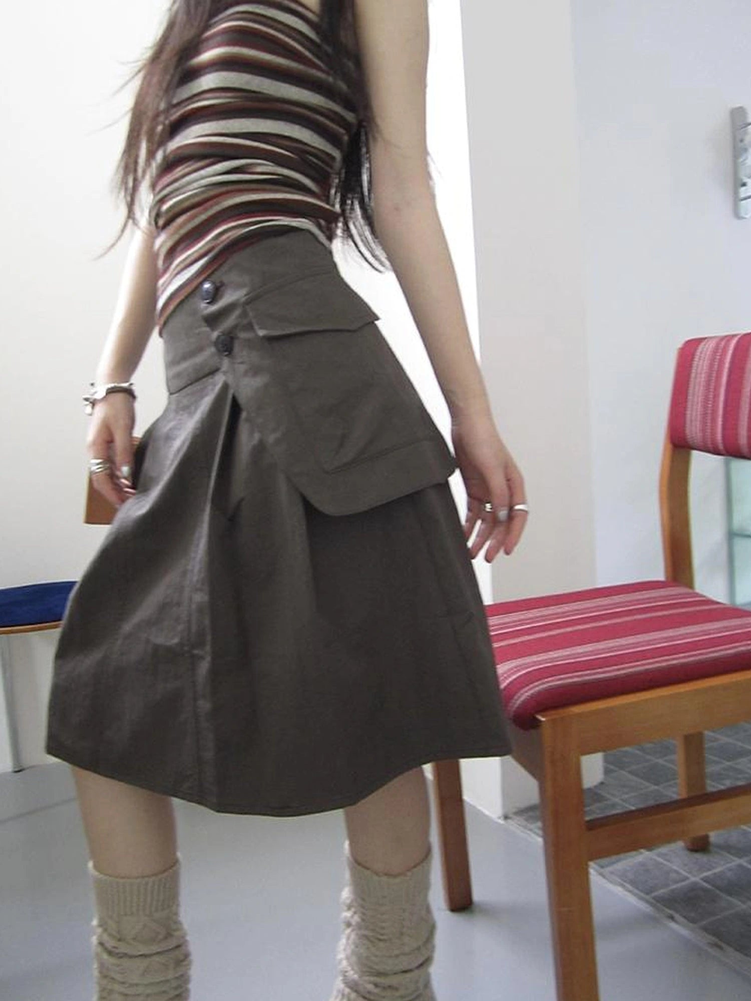 Vintage Button Detail Pleated A Line Skirt