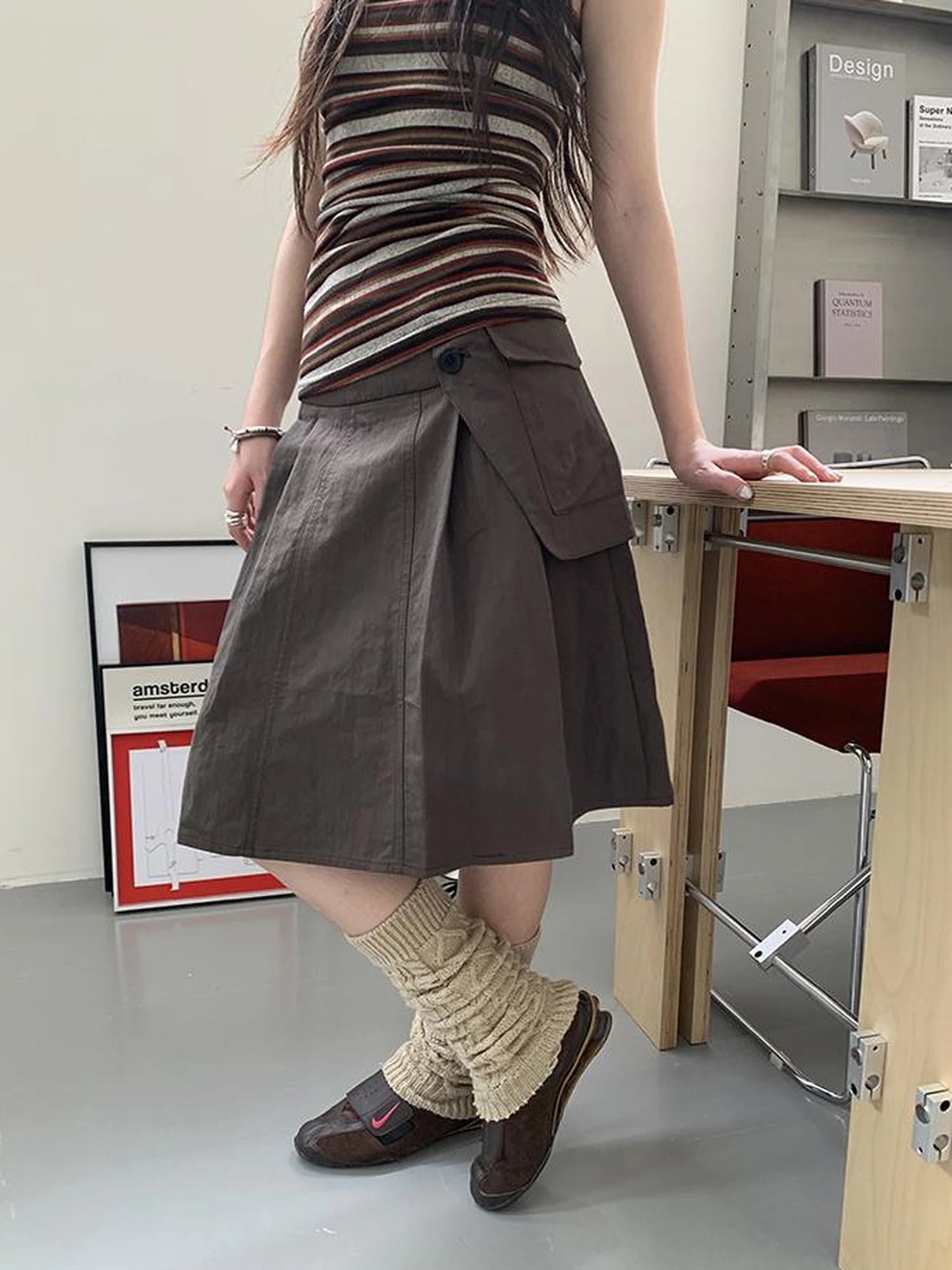 Vintage Button Detail Pleated A Line Skirt