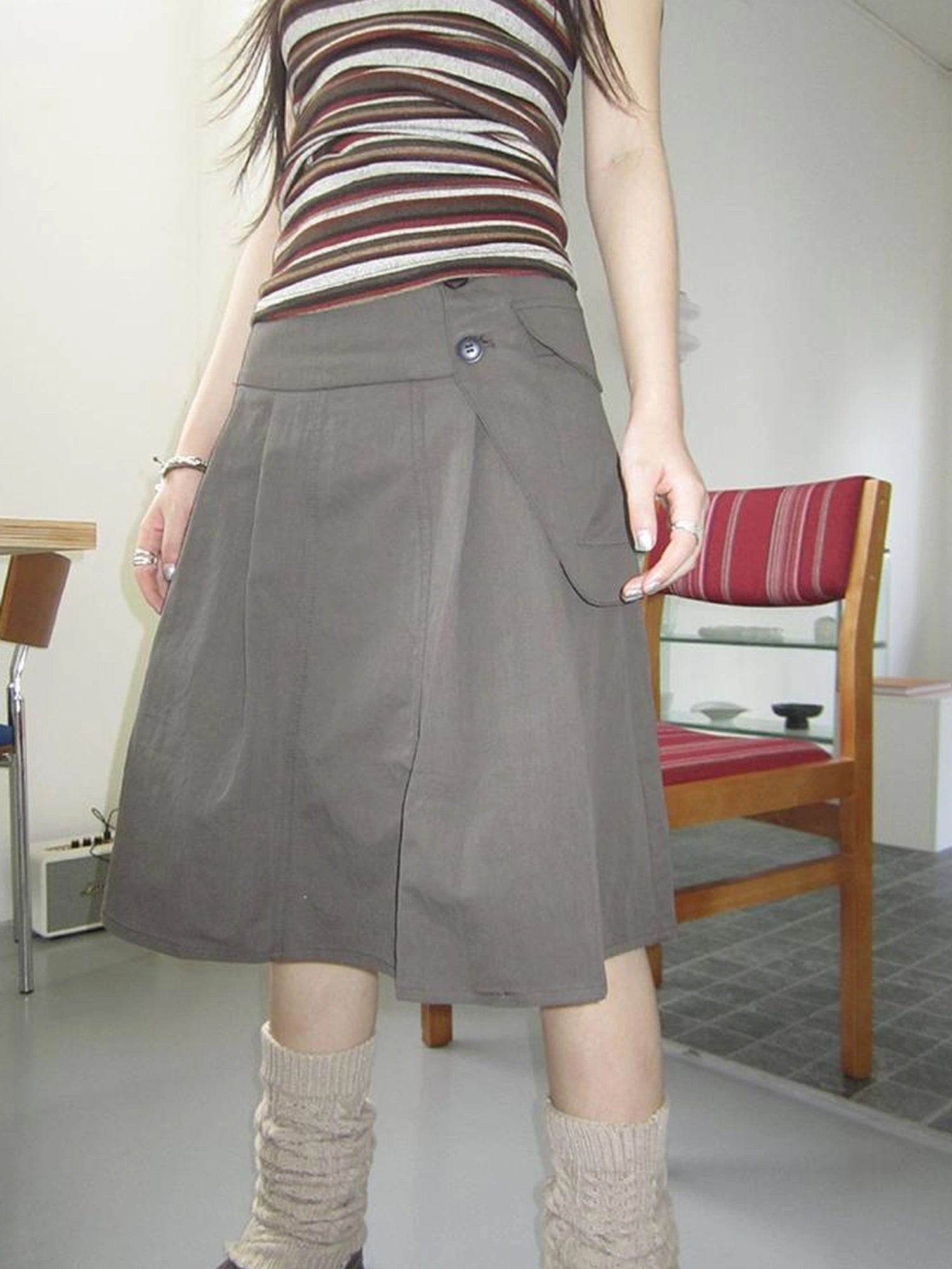 Vintage Button Detail Pleated A Line Skirt
