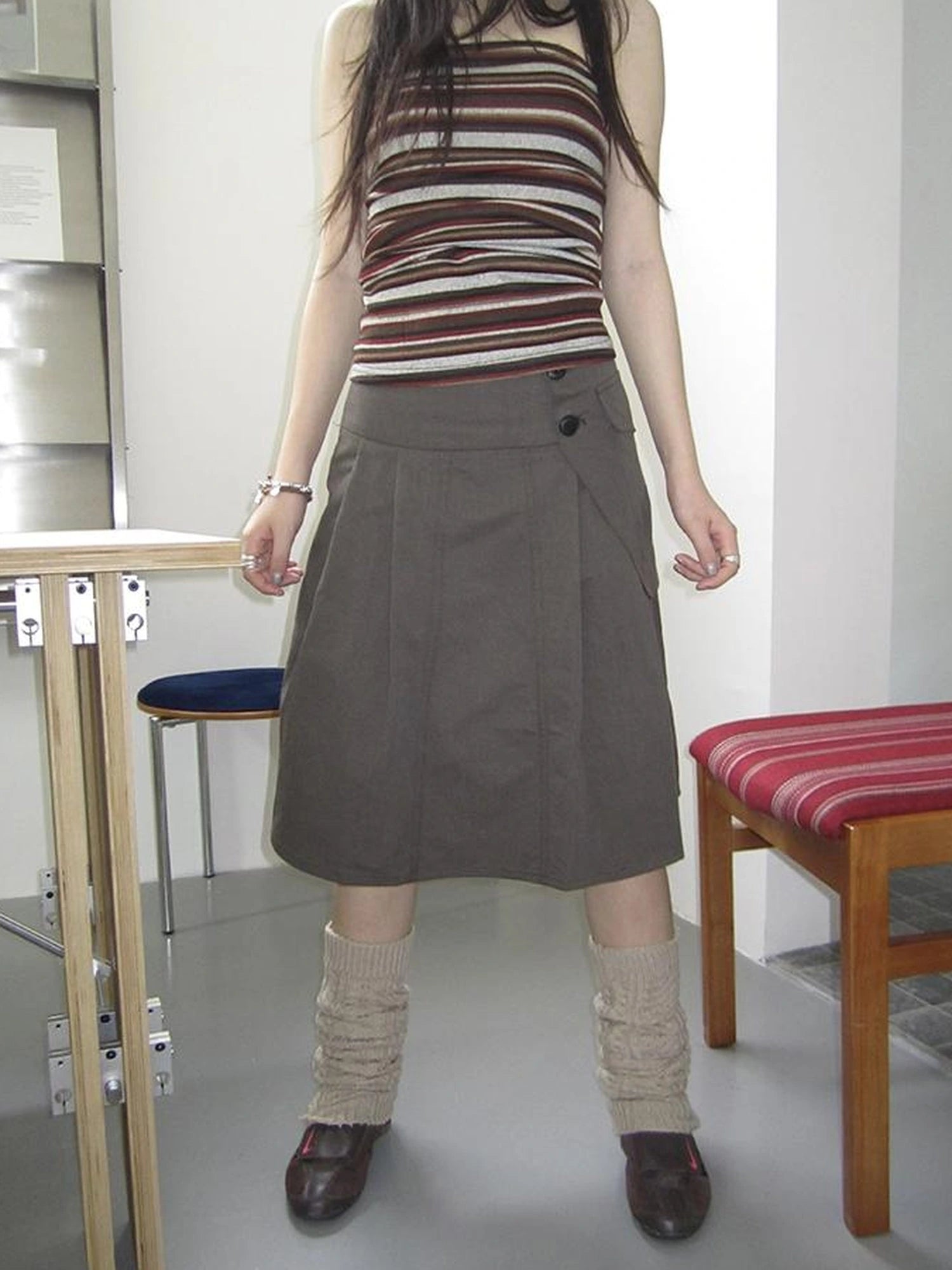 Vintage Button Detail Pleated A Line Skirt