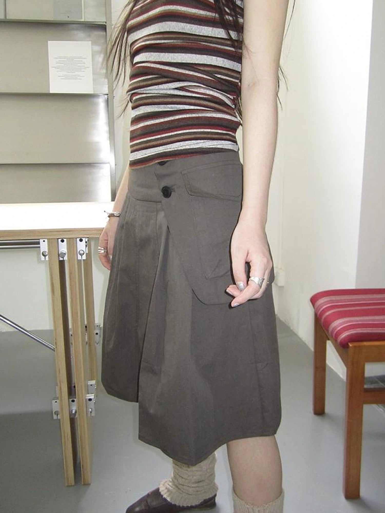 Vintage Button Detail Pleated A Line Skirt