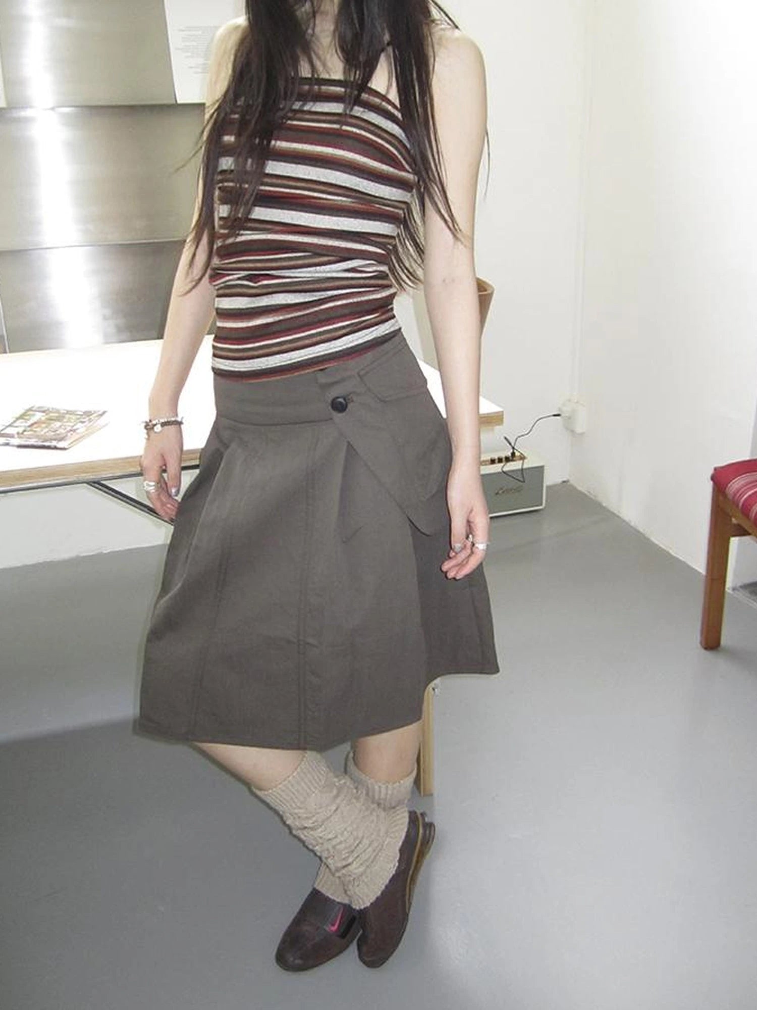 Vintage Button Detail Pleated A Line Skirt