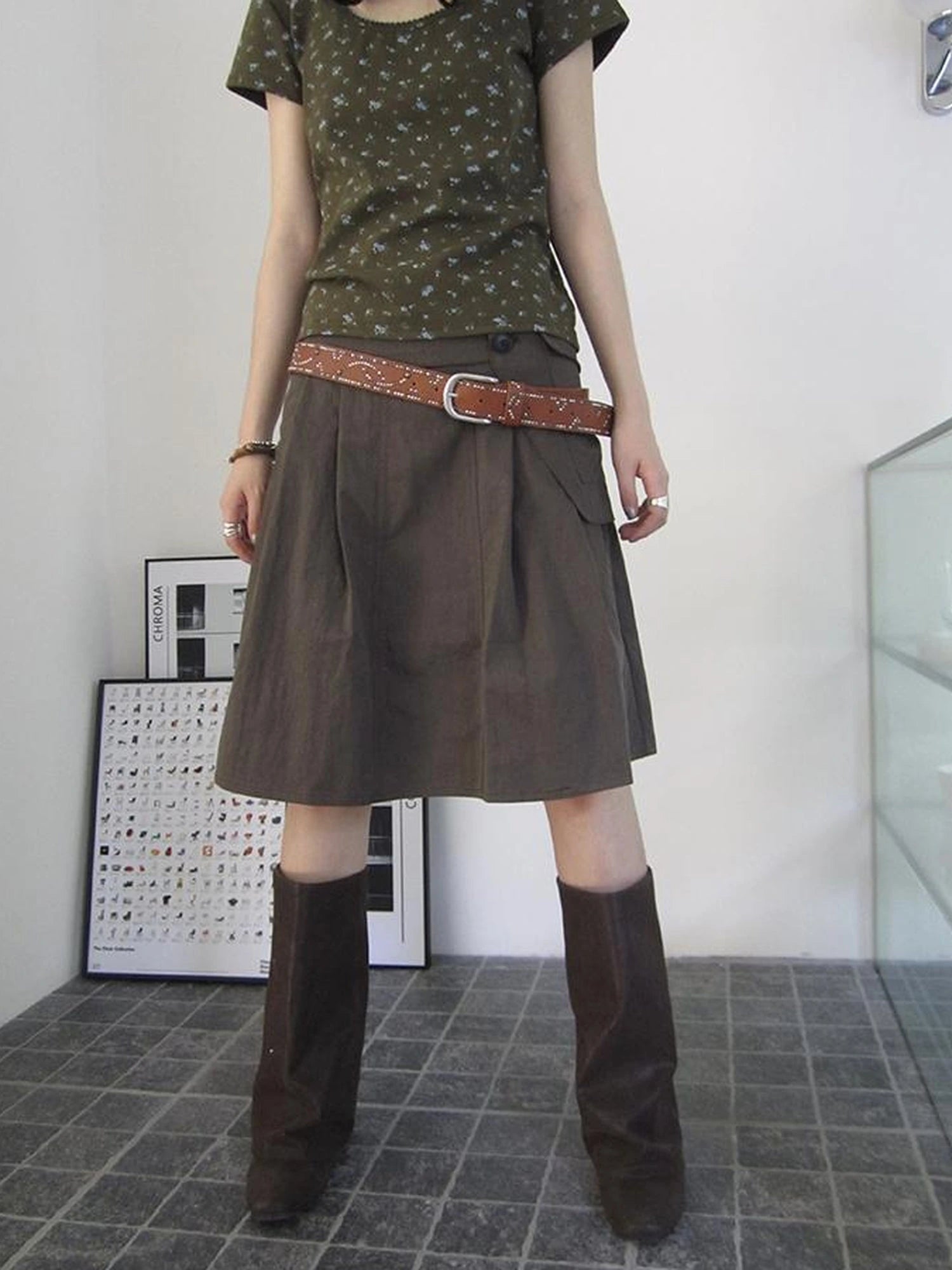 Vintage Button Detail Pleated A Line Skirt