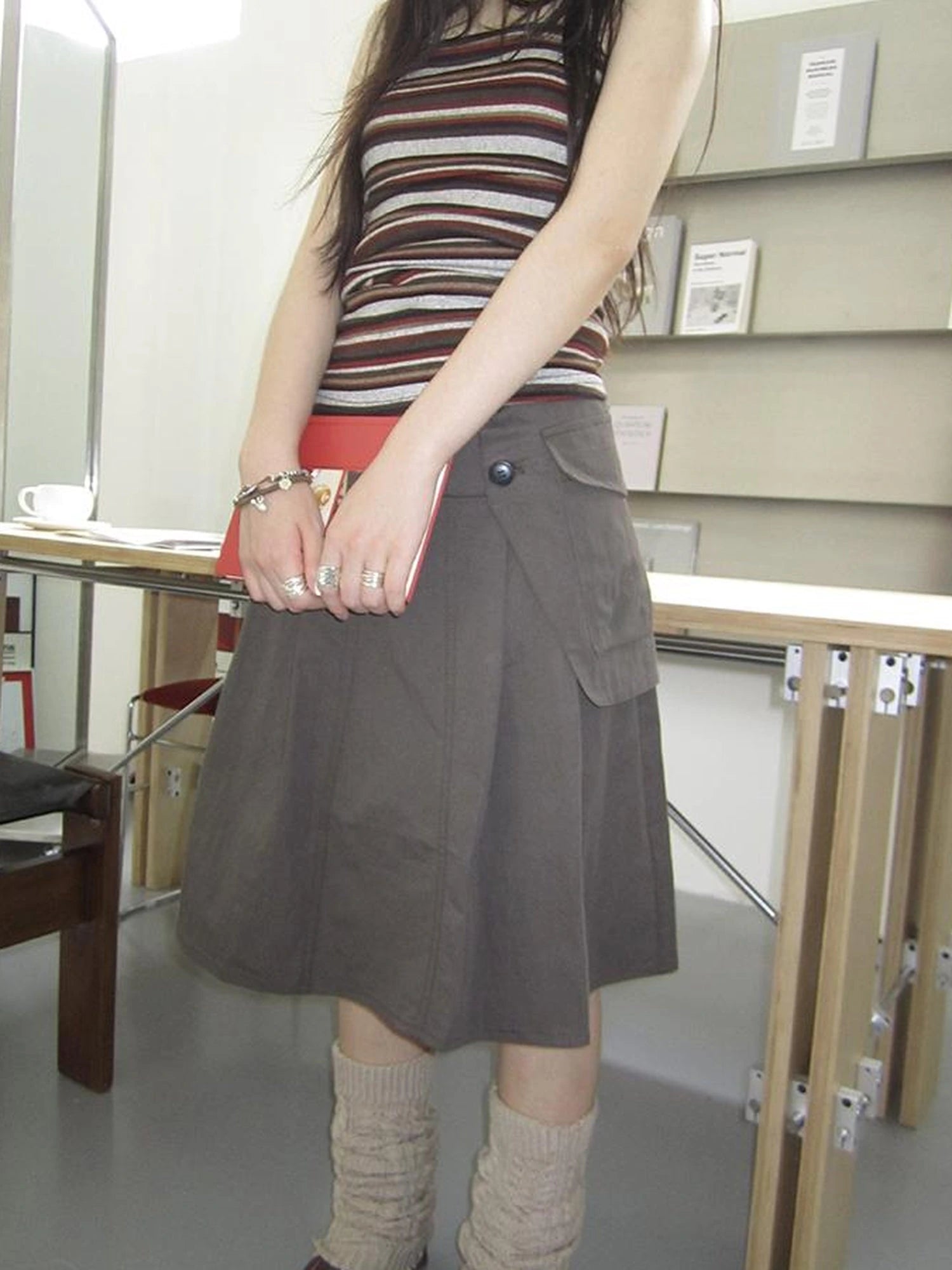 Vintage Button Detail Pleated A Line Skirt