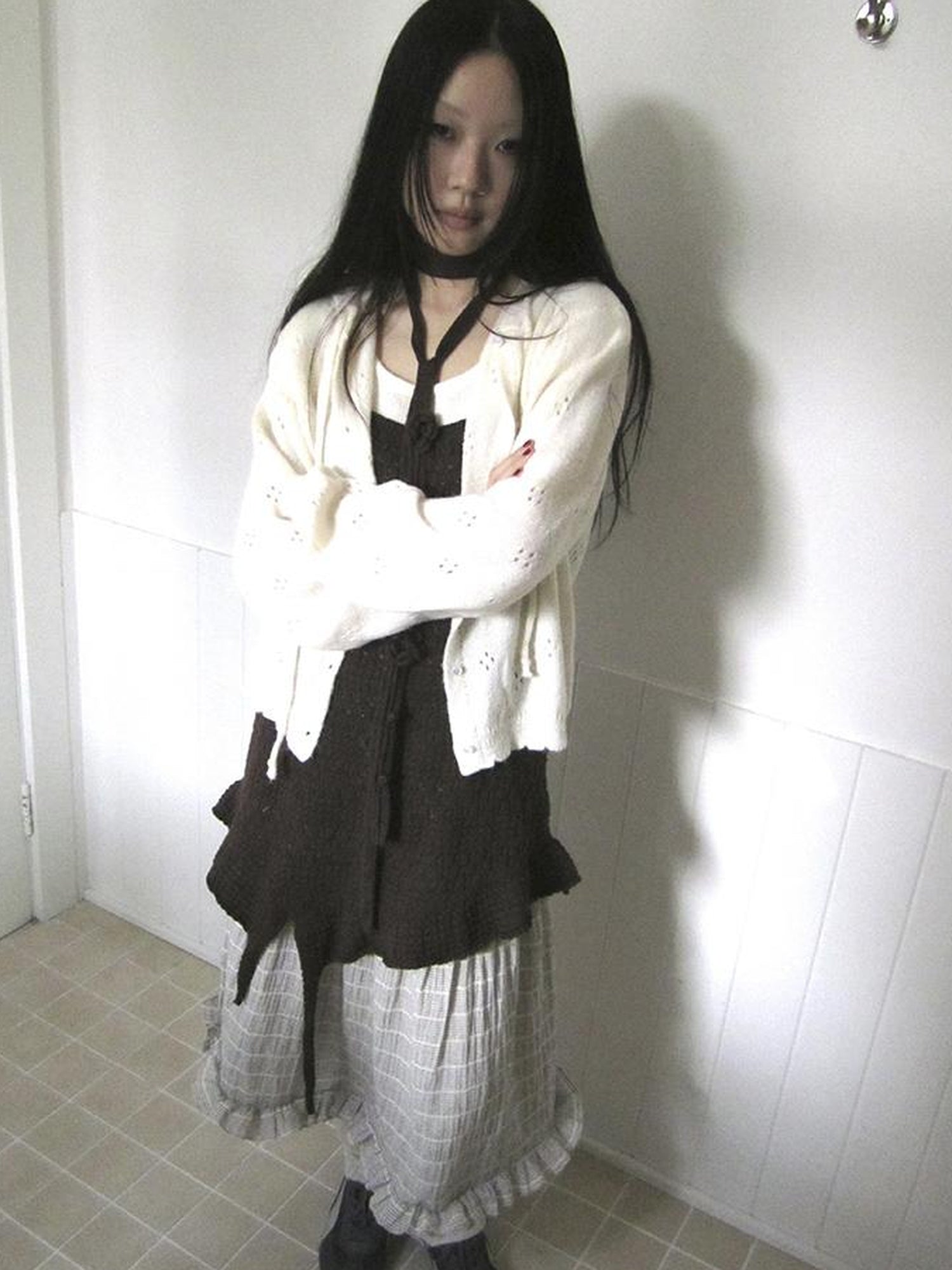 ang project Vintage Button Down Openwork Hooded Knit Cardigan