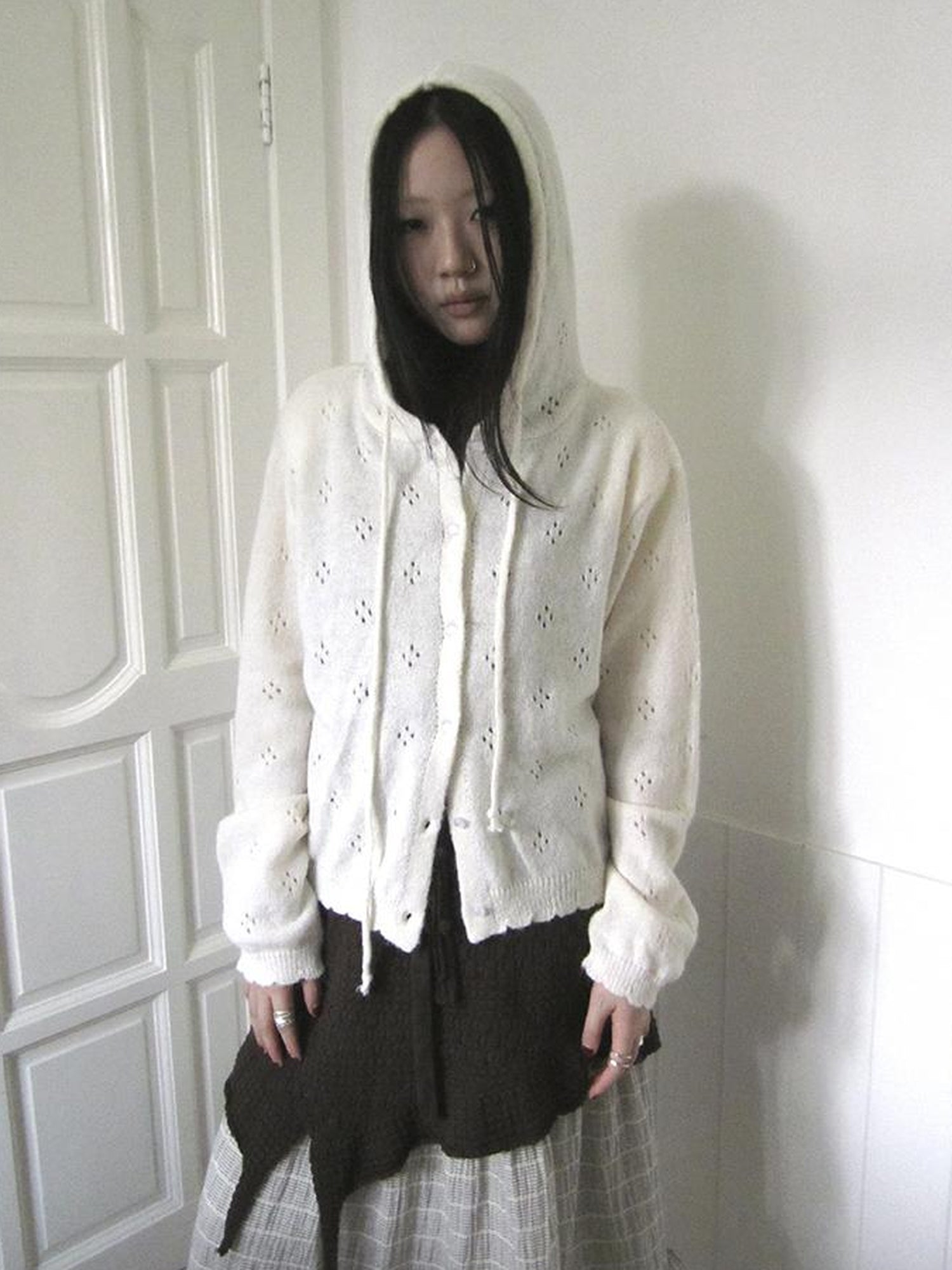 ang project Vintage Button Down Openwork Hooded Knit Cardigan