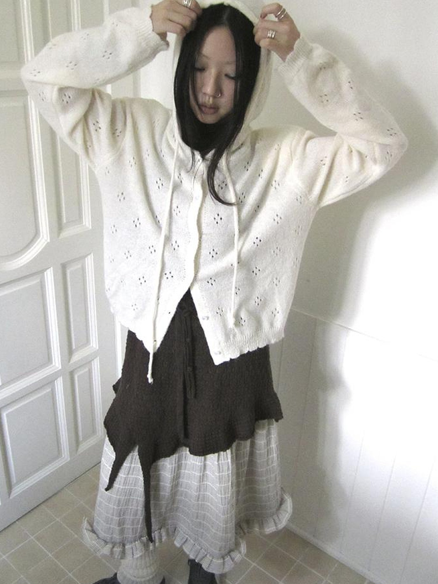 ang project Vintage Button Down Openwork Hooded Knit Cardigan