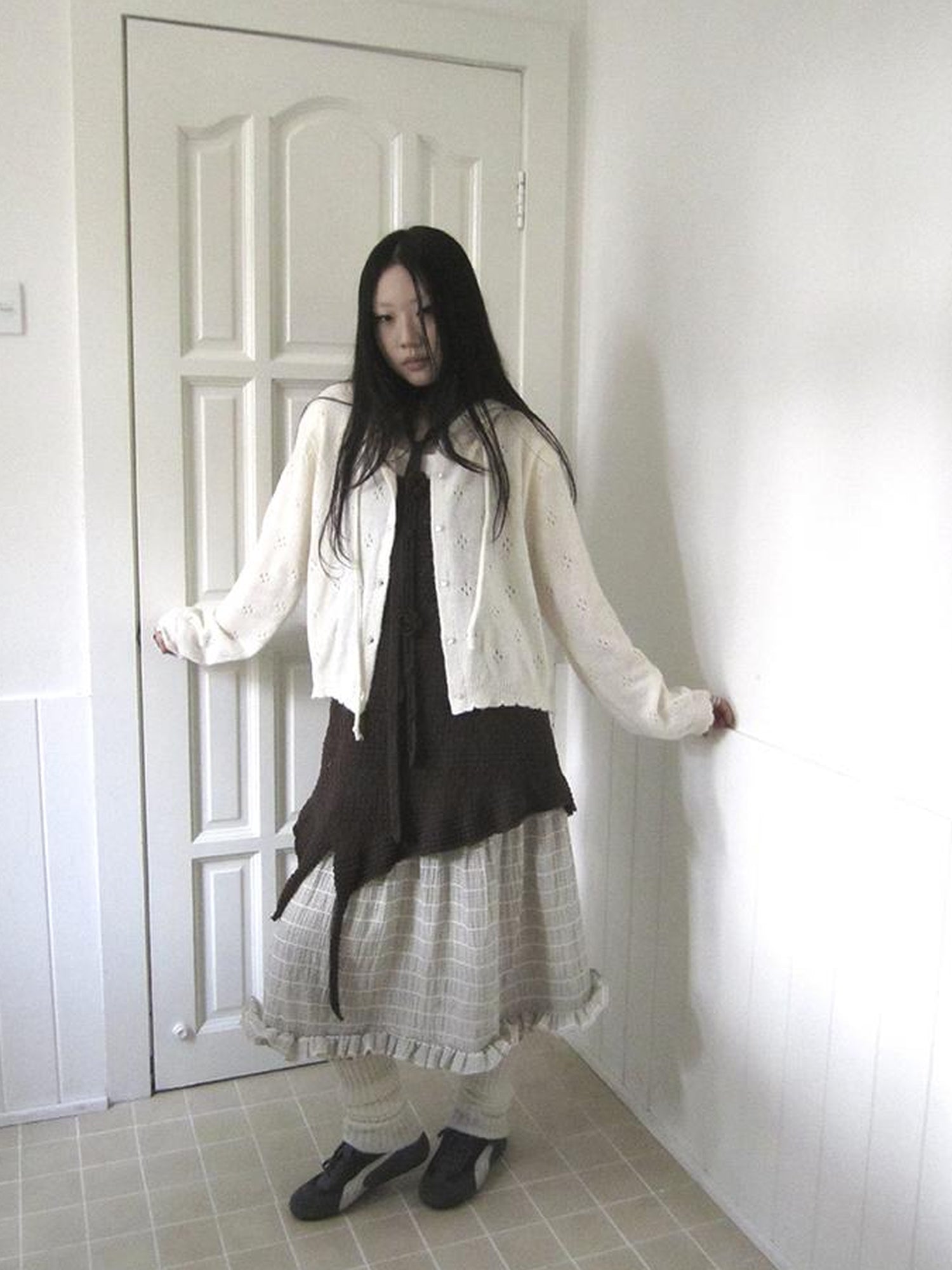 ang project Vintage Button Down Openwork Hooded Knit Cardigan