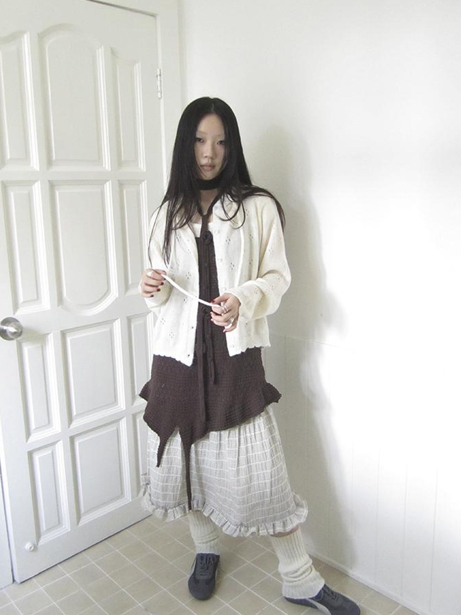 ang project Vintage Button Down Openwork Hooded Knit Cardigan