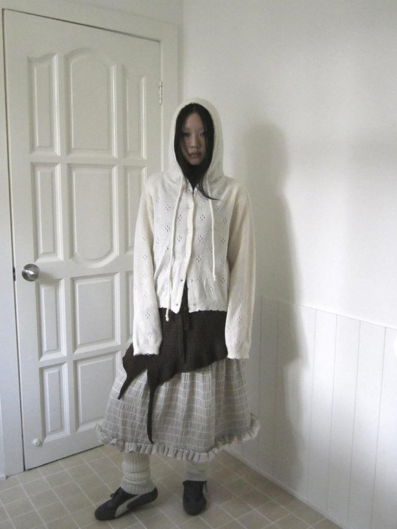 ang project Vintage Button Down Openwork Hooded Knit Cardigan