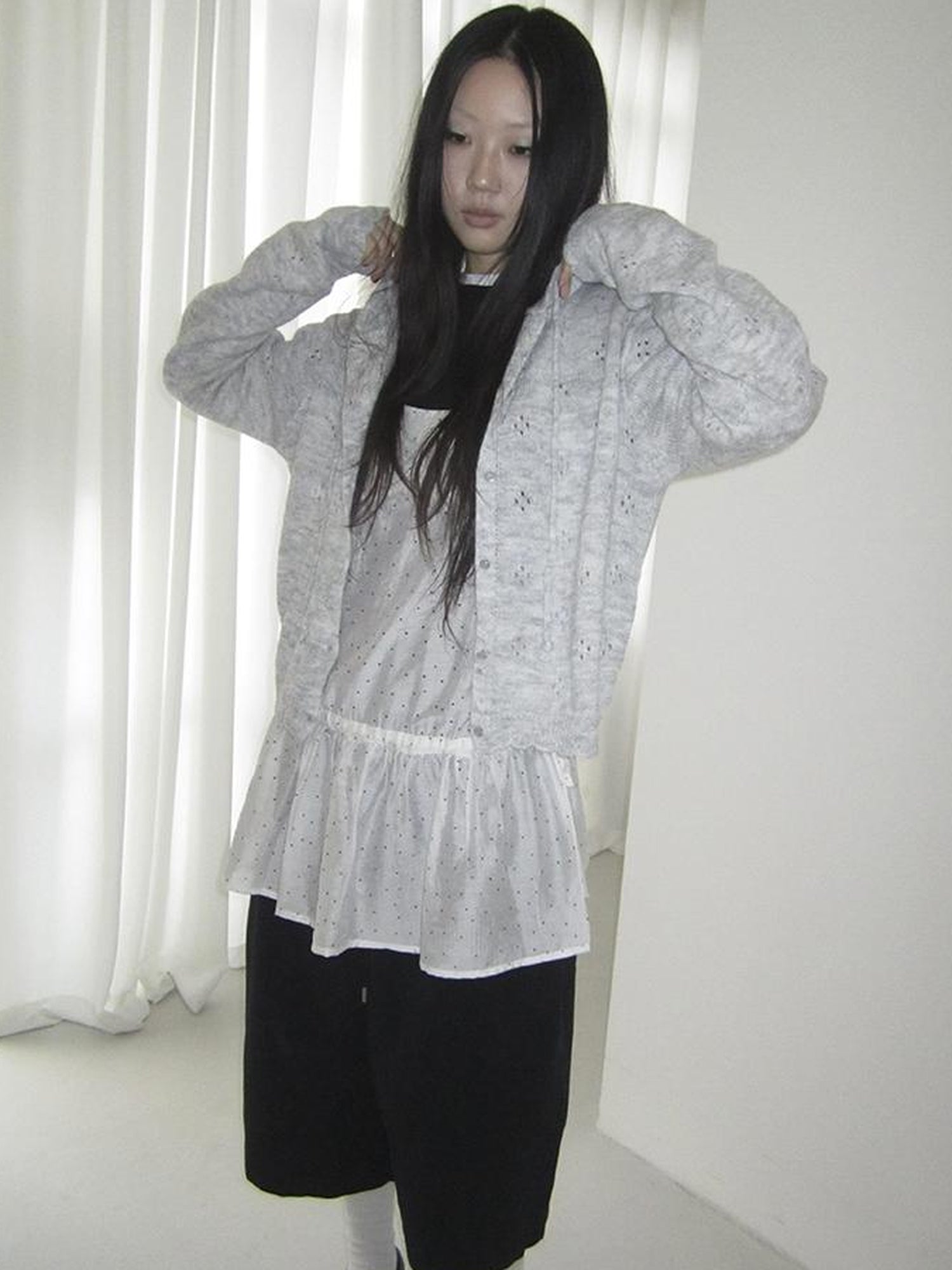 ang project Vintage Button Down Openwork Hooded Knit Cardigan