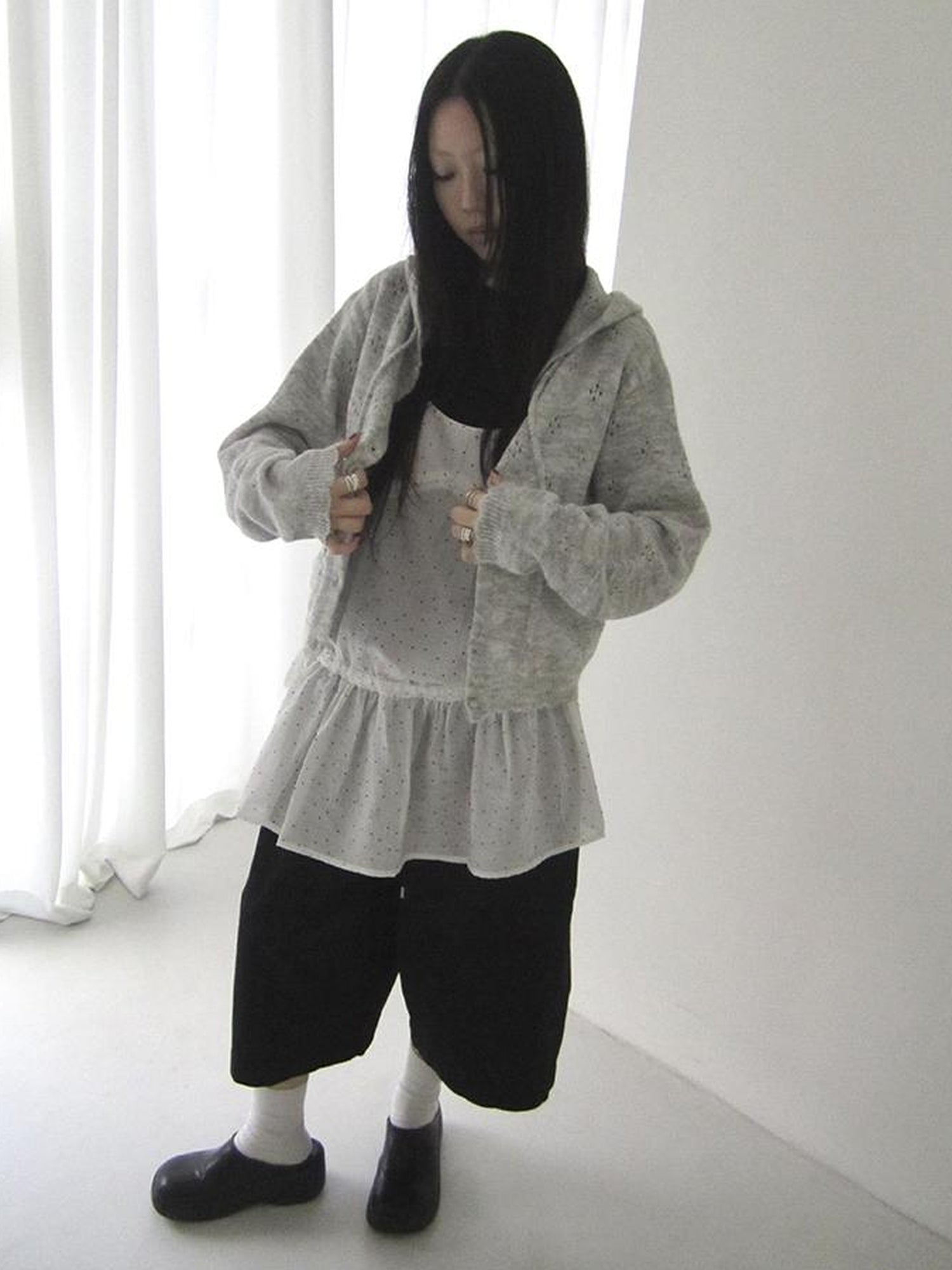 ang project Vintage Button Down Openwork Hooded Knit Cardigan