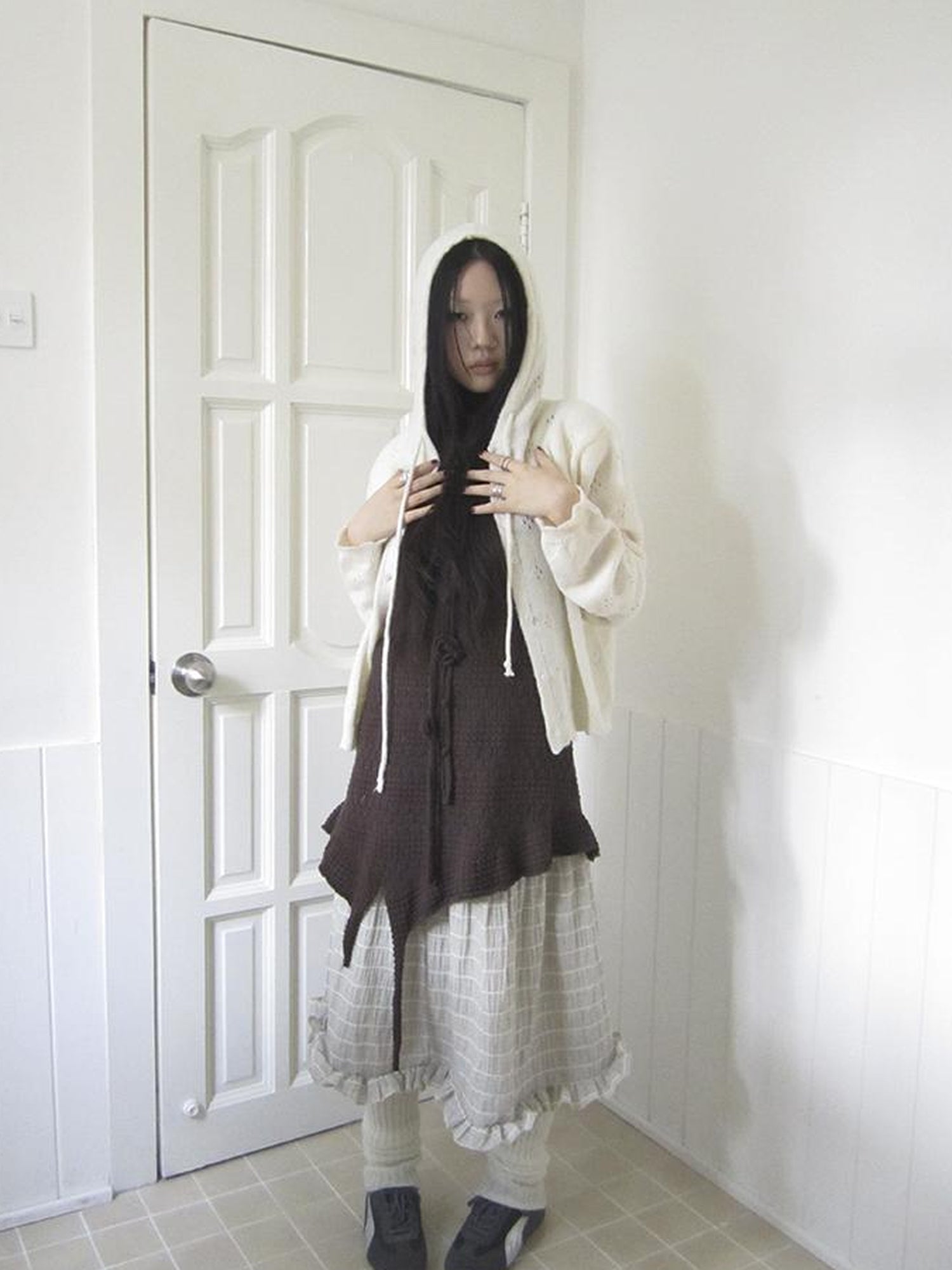 ang project Vintage Button Down Openwork Hooded Knit Cardigan